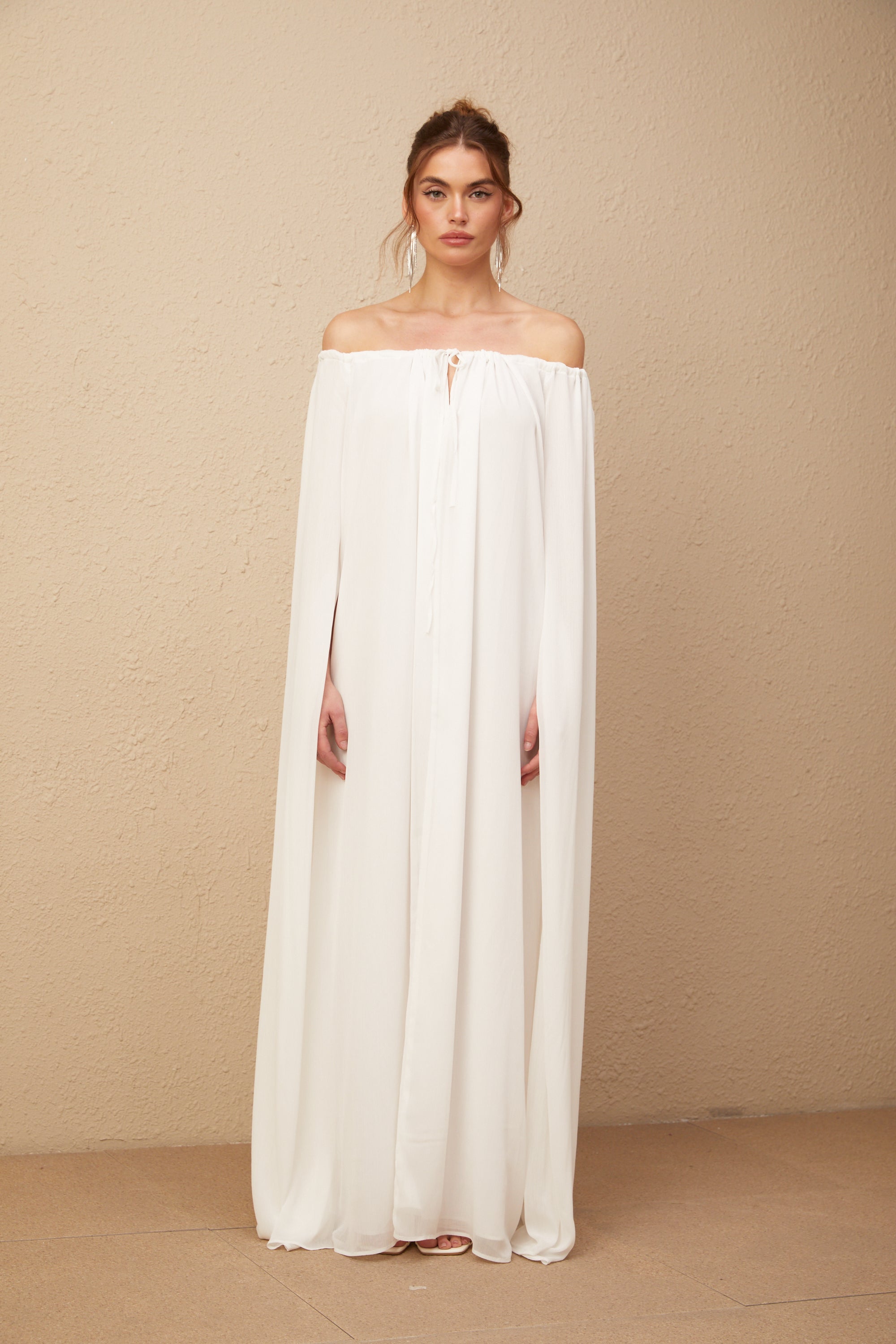 Patrizia white cape-design draped tulle maxi dress