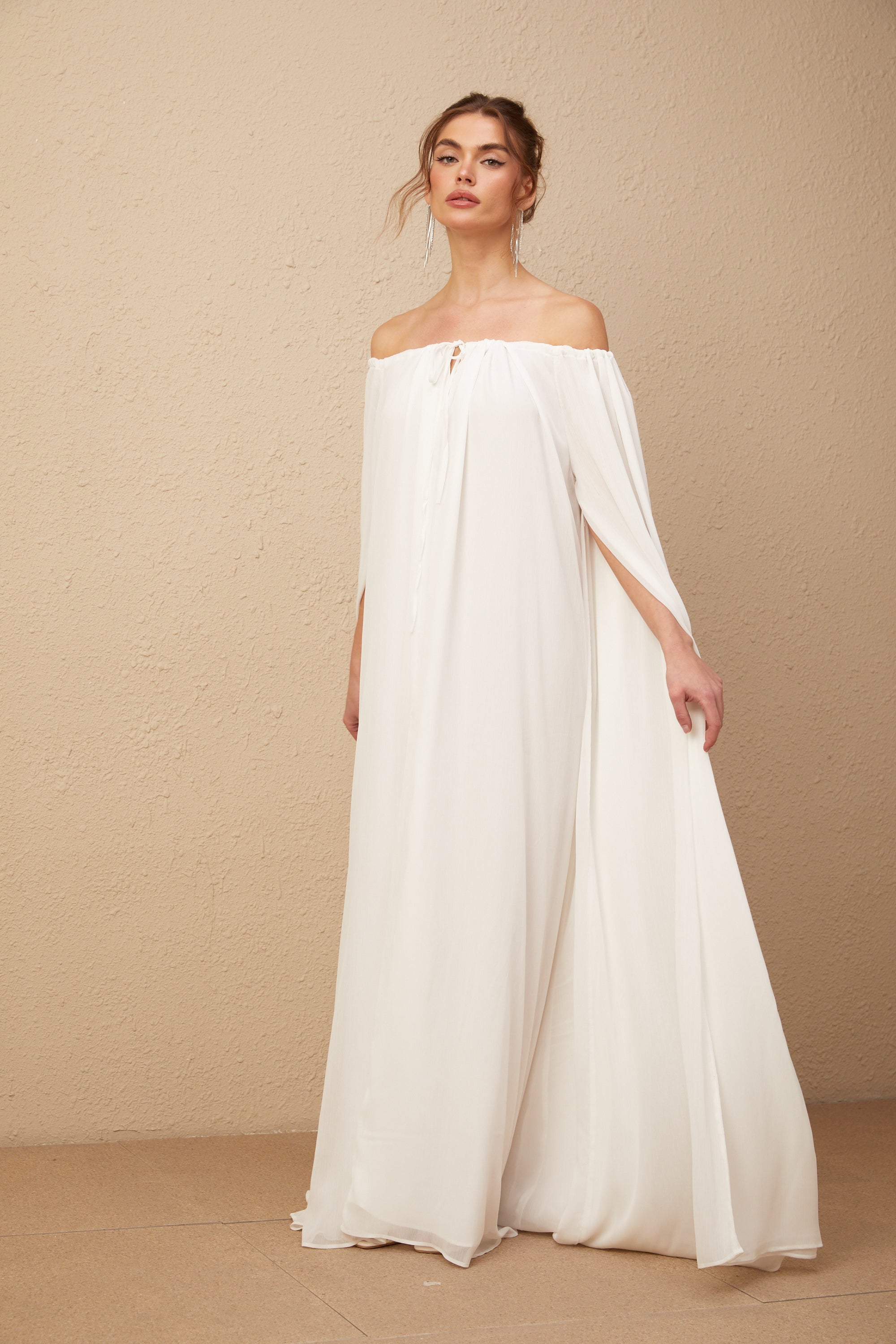 Patrizia white cape-design draped tulle maxi dress