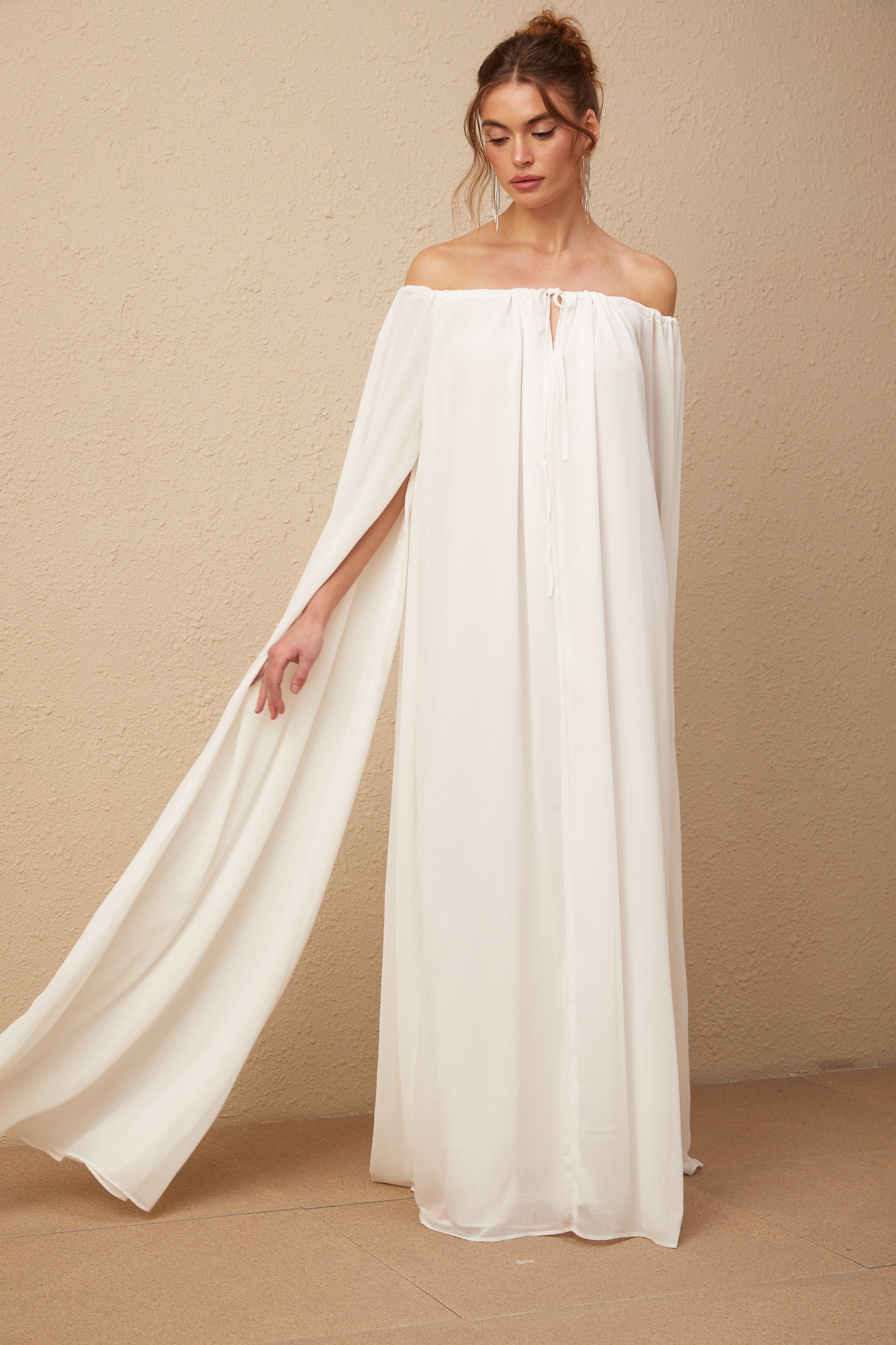 Patrizia white cape-design draped tulle maxi dress