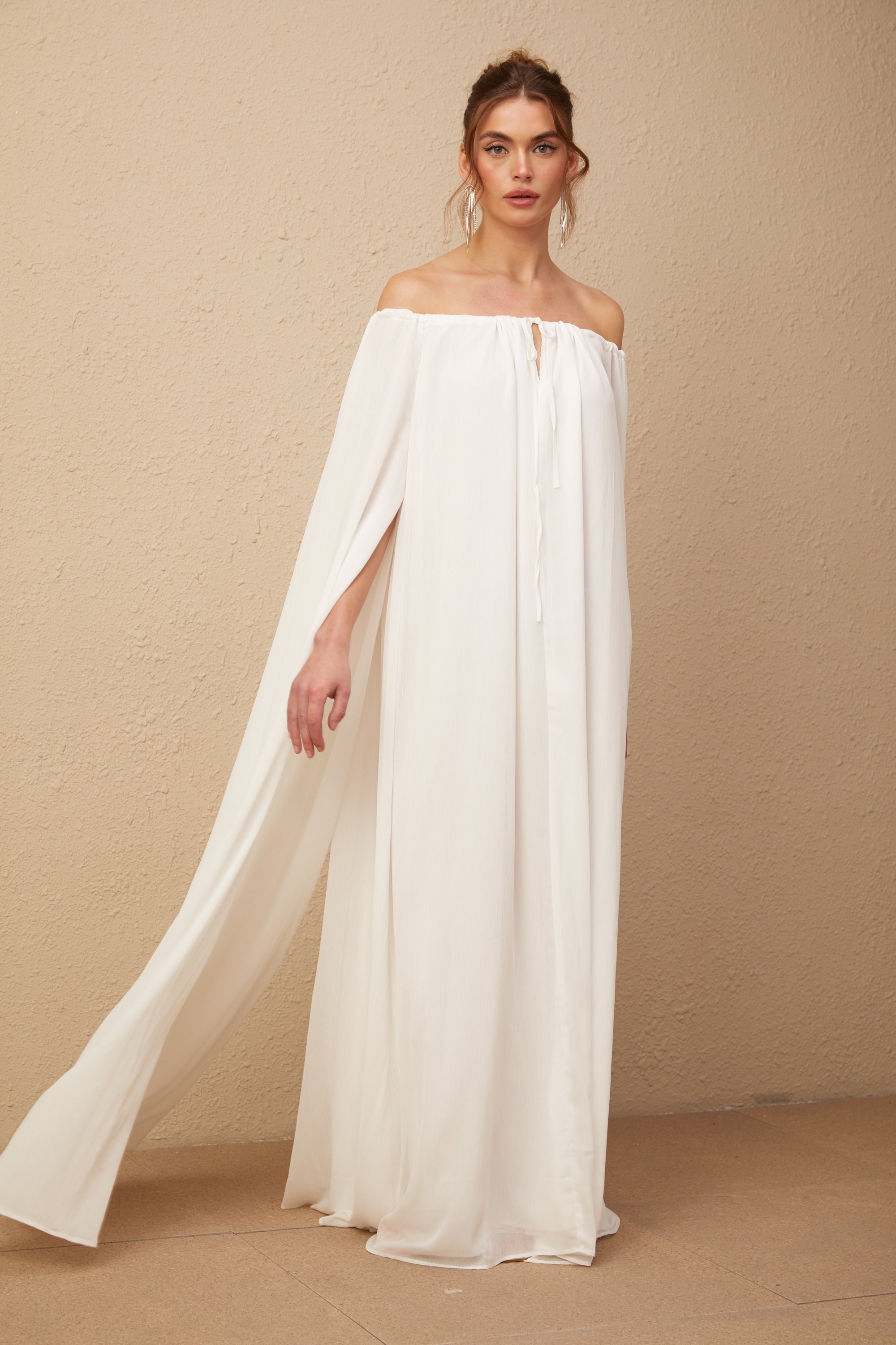 Patrizia white cape-design draped tulle maxi dress