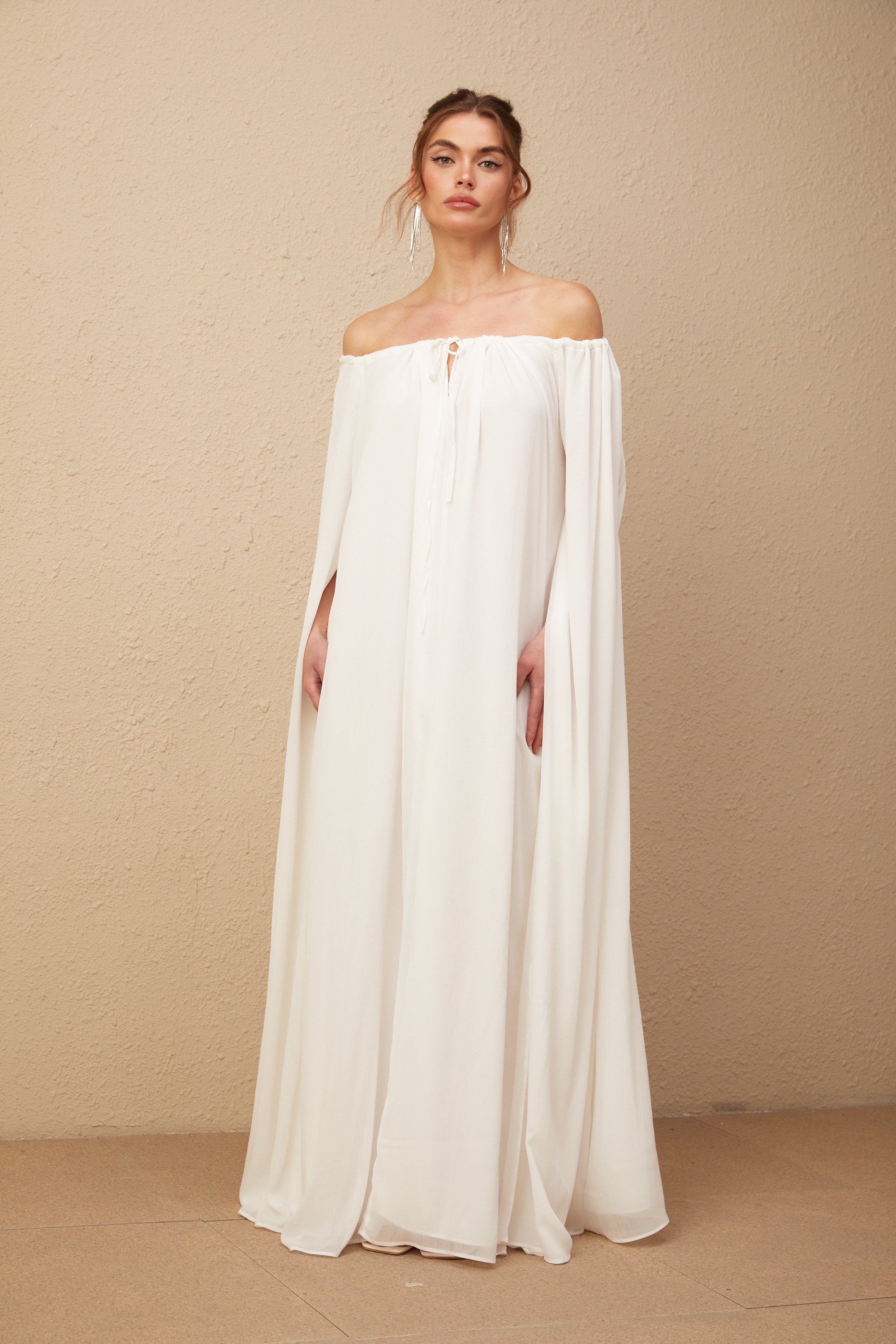 Patrizia white cape-design draped tulle maxi dress