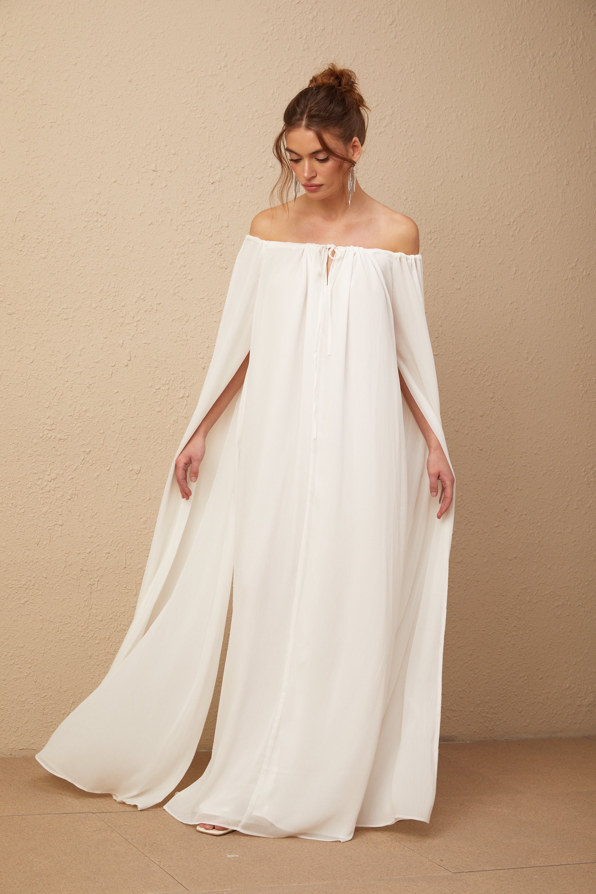 Patrizia white cape-design draped tulle maxi dress