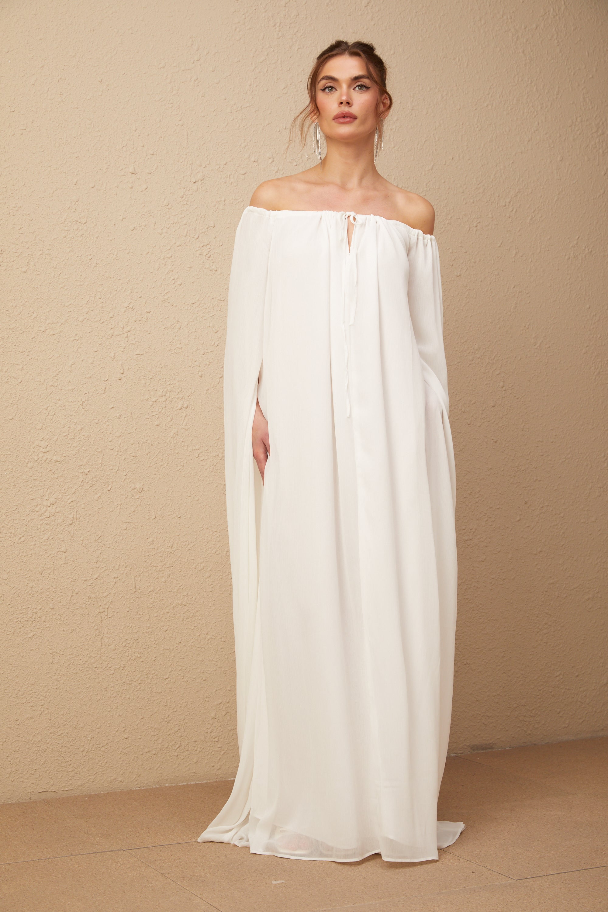 Patrizia white cape-design draped tulle maxi dress