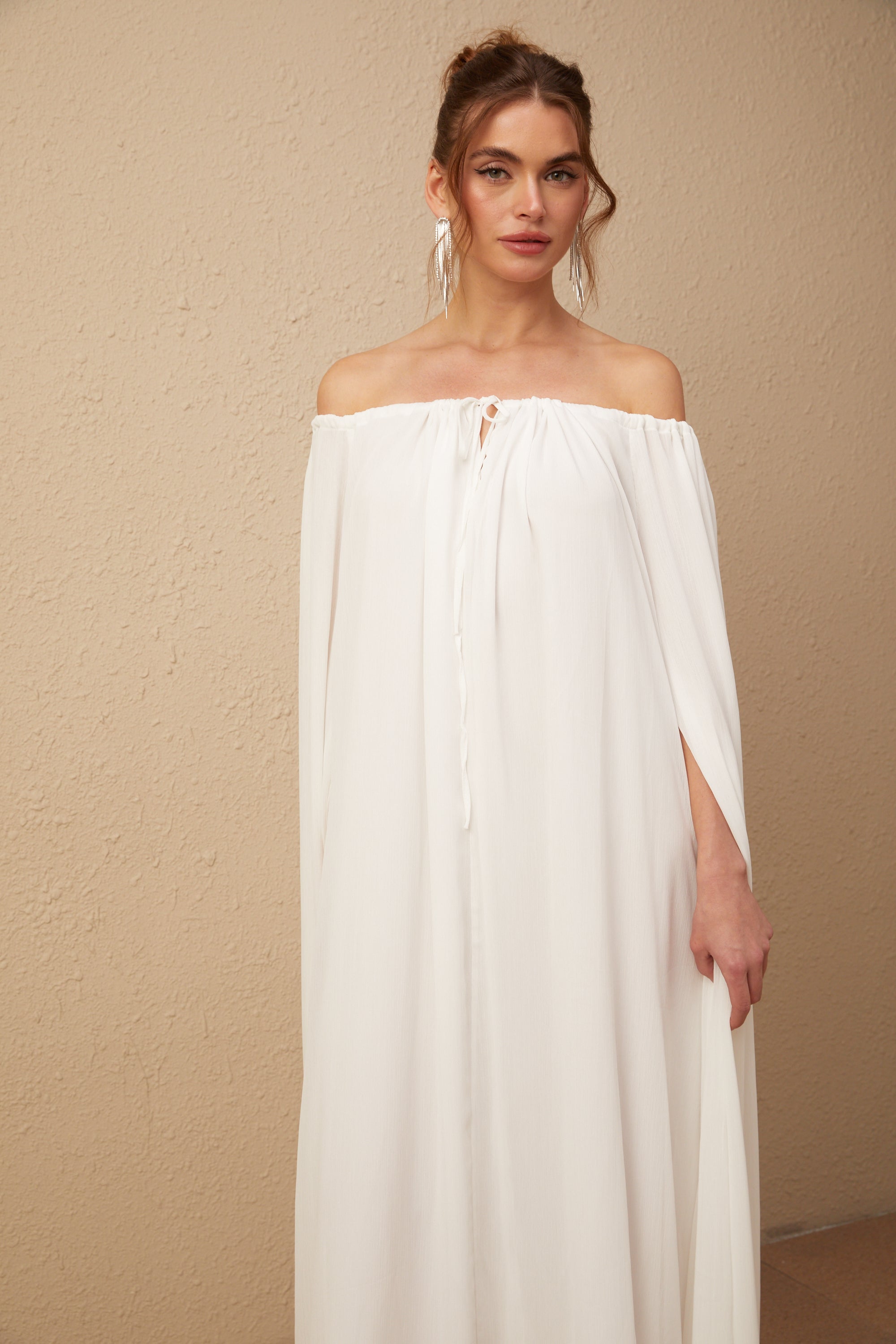 Patrizia white cape-design draped tulle maxi dress