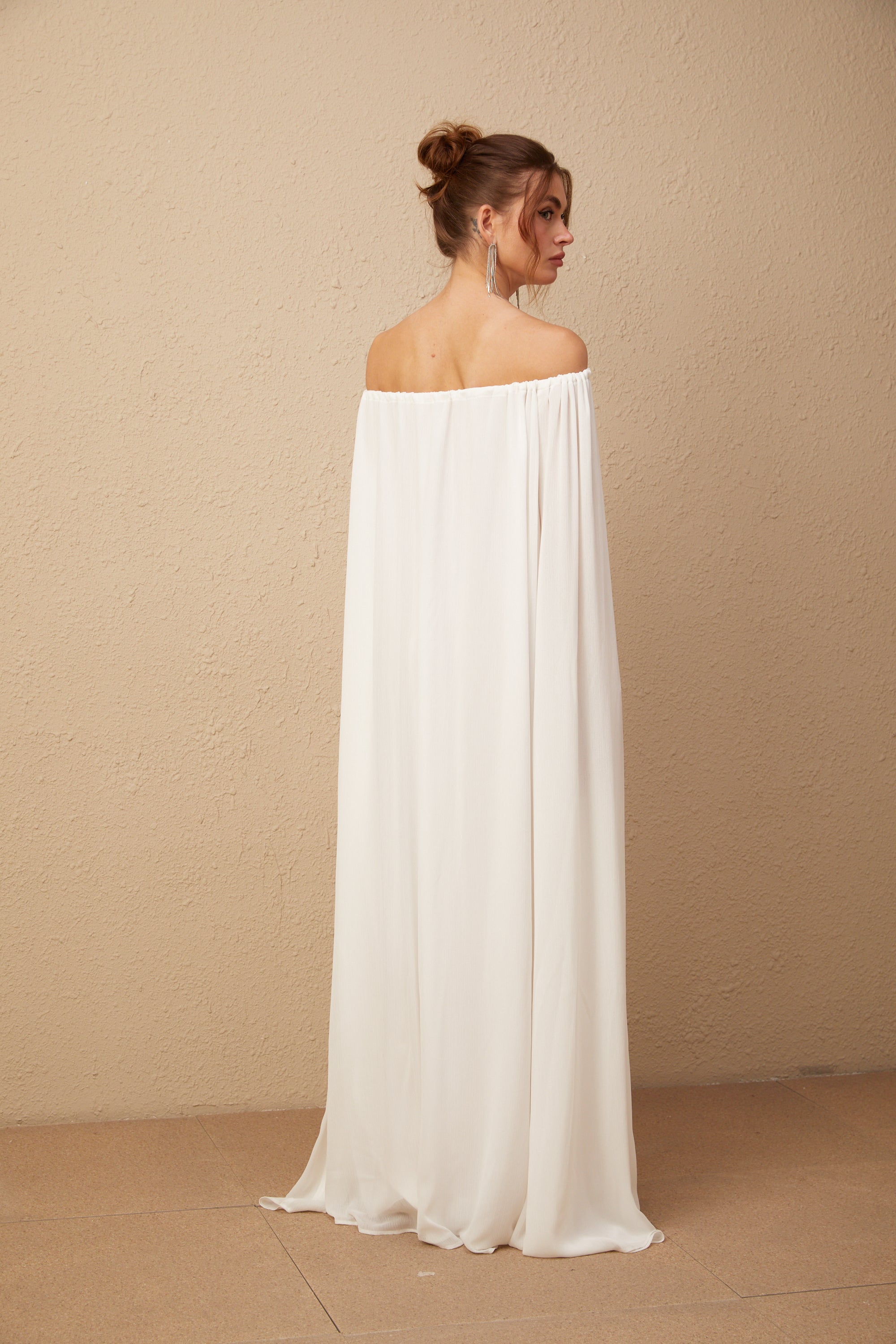 Patrizia white cape-design draped tulle maxi dress