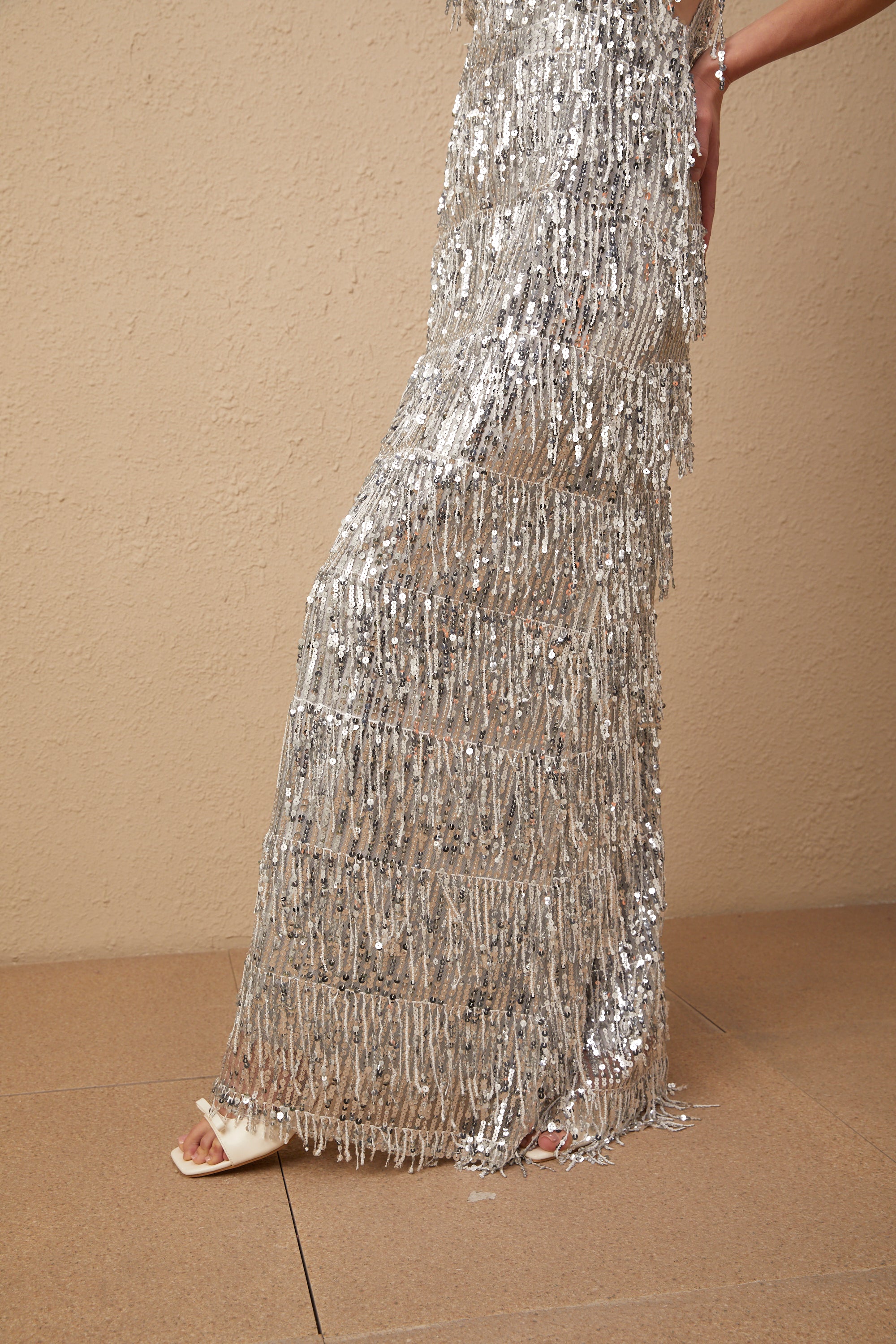 Denise silver sleeveless fringed sequin maxi dress