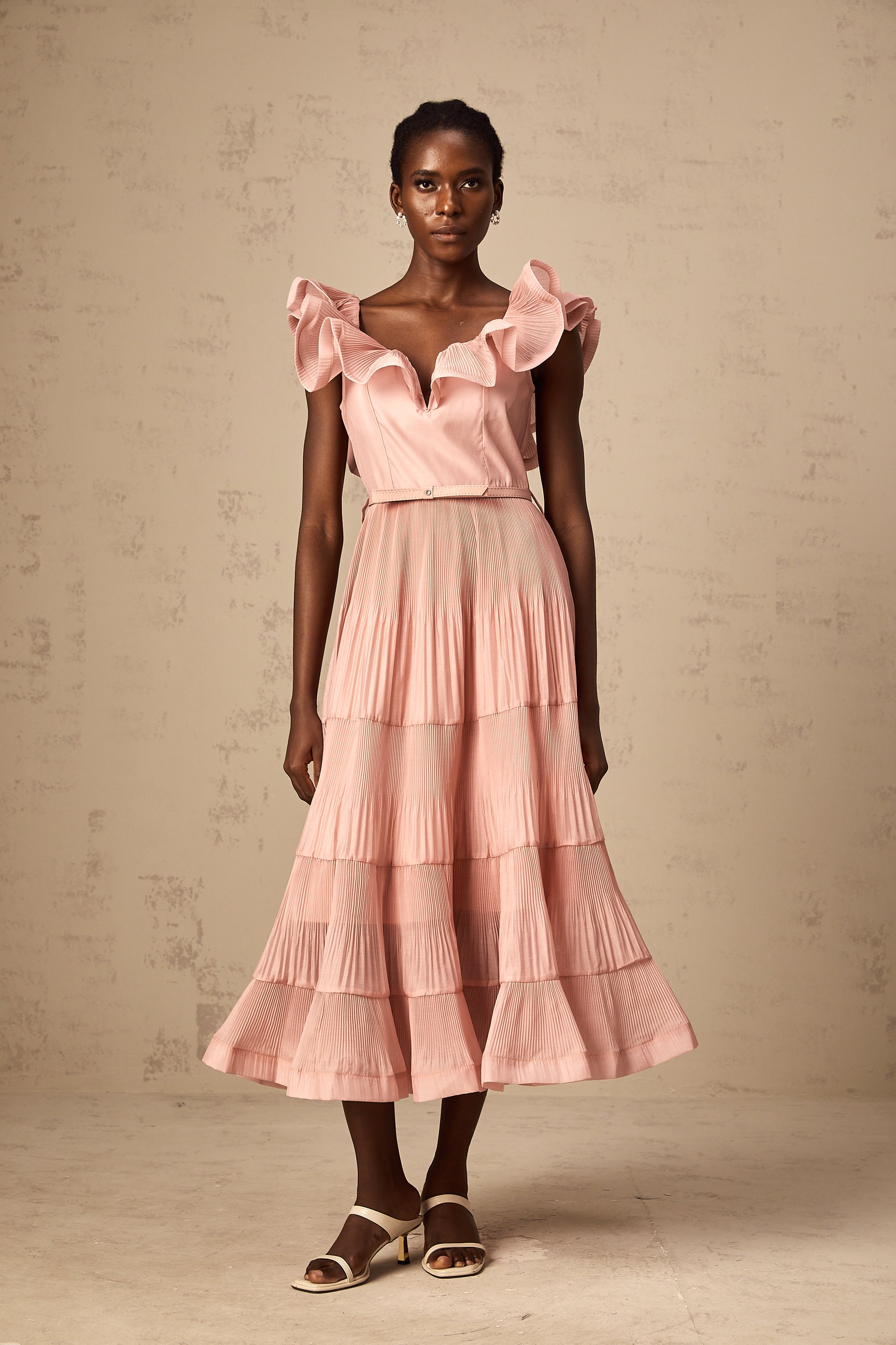 Valentina coral-pink pleated frilled midi dress