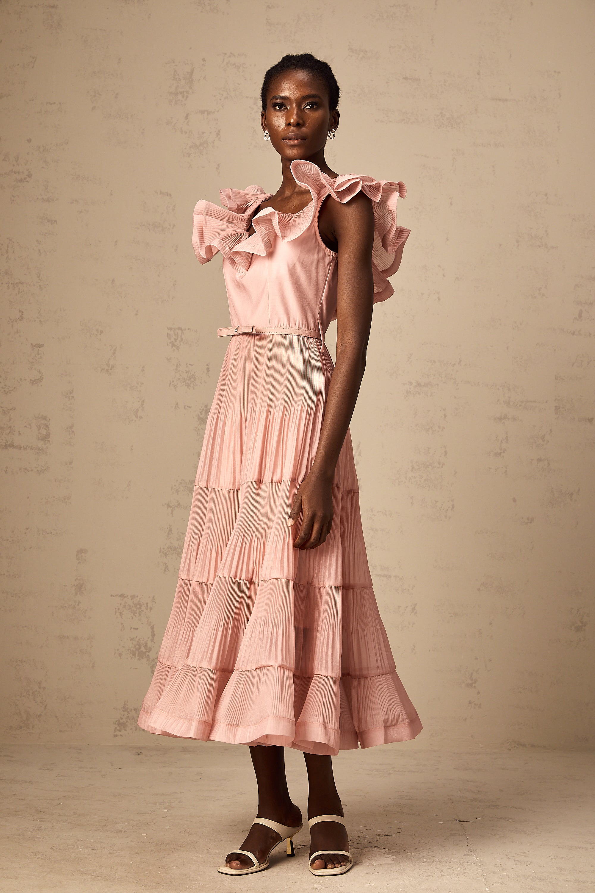 Valentina coral-pink pleated frilled midi dress