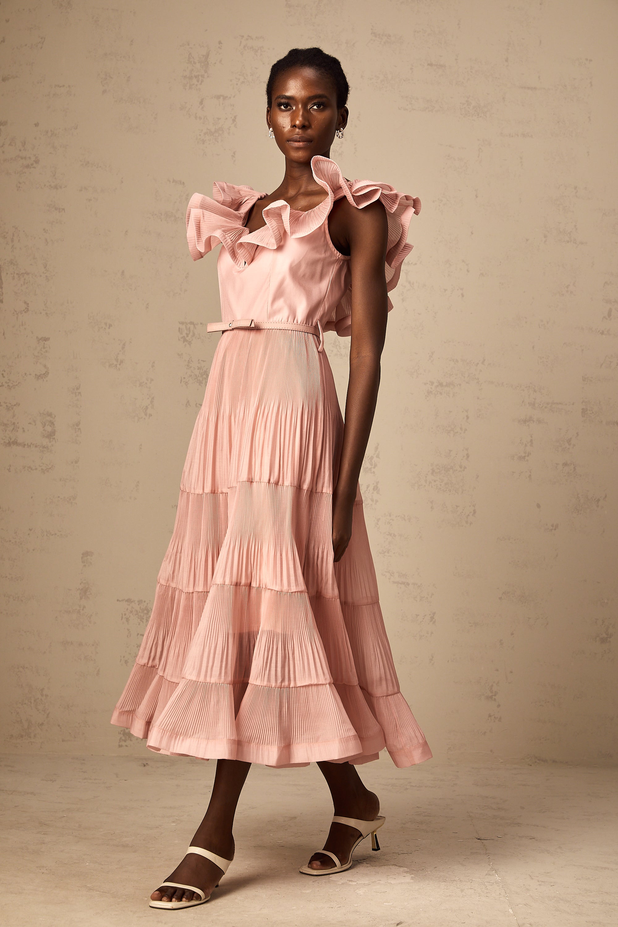 Valentina coral-pink pleated frilled midi dress