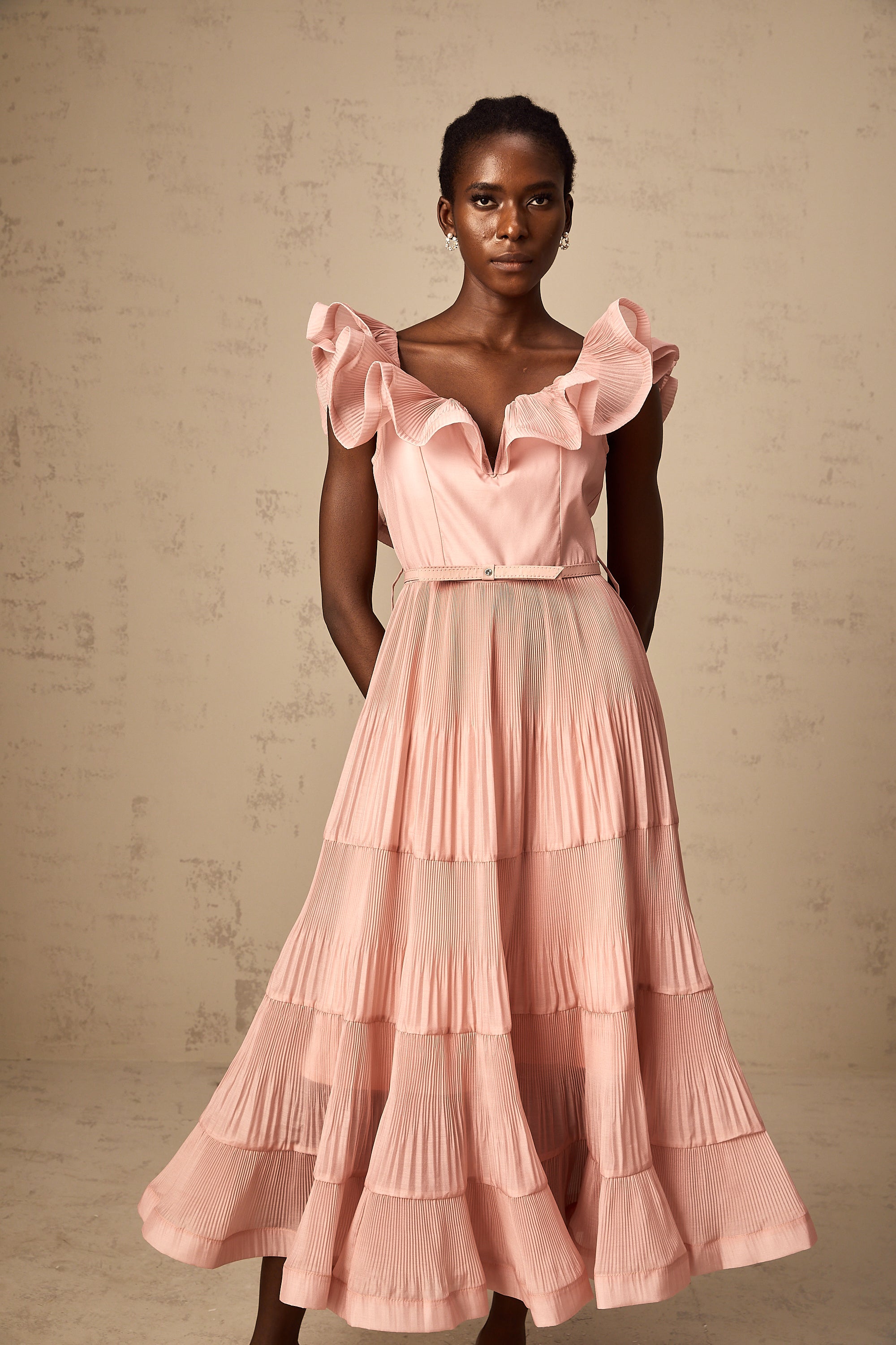 Valentina coral-pink pleated frilled midi dress