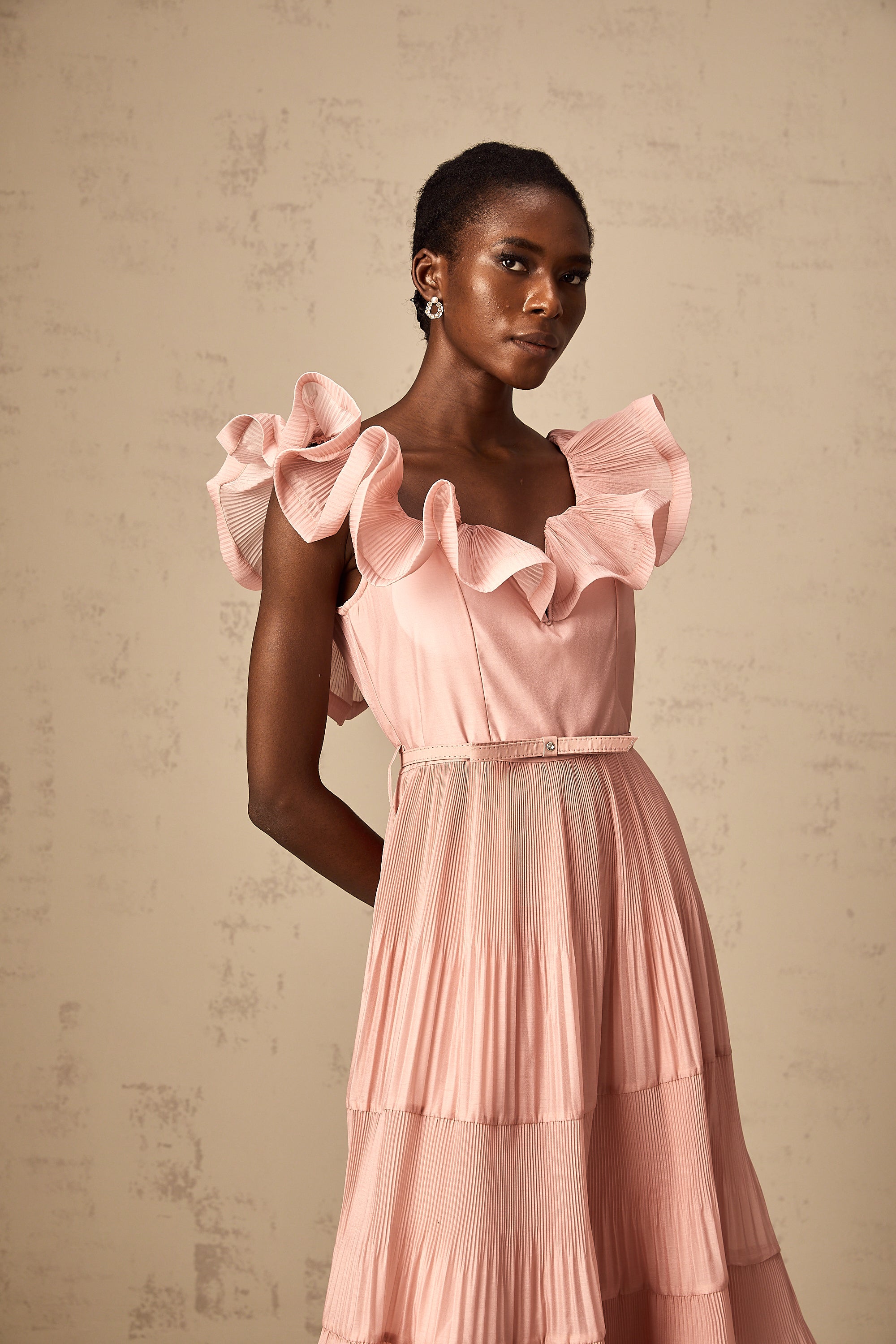 Valentina coral-pink pleated frilled midi dress