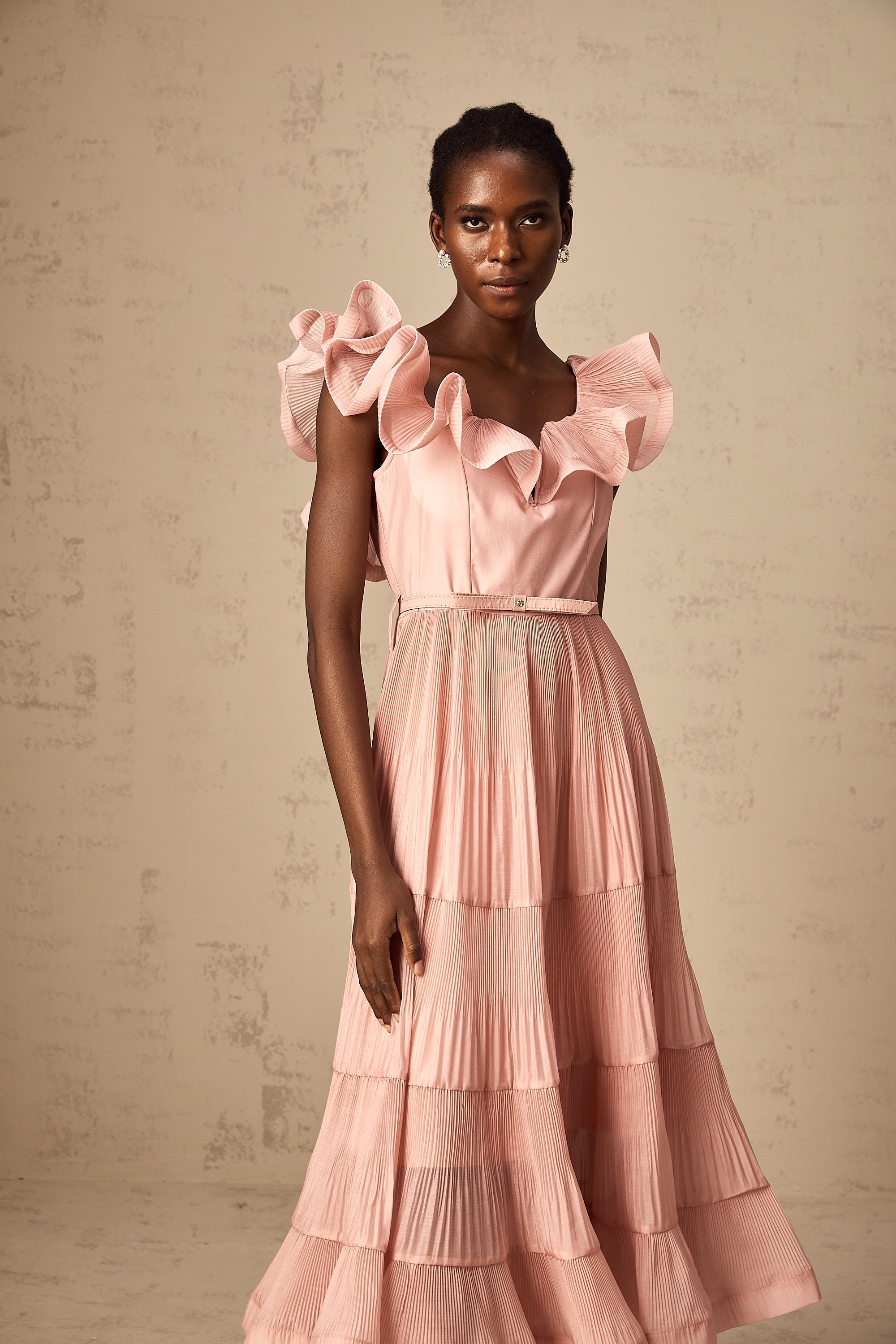 Valentina coral-pink pleated frilled midi dress