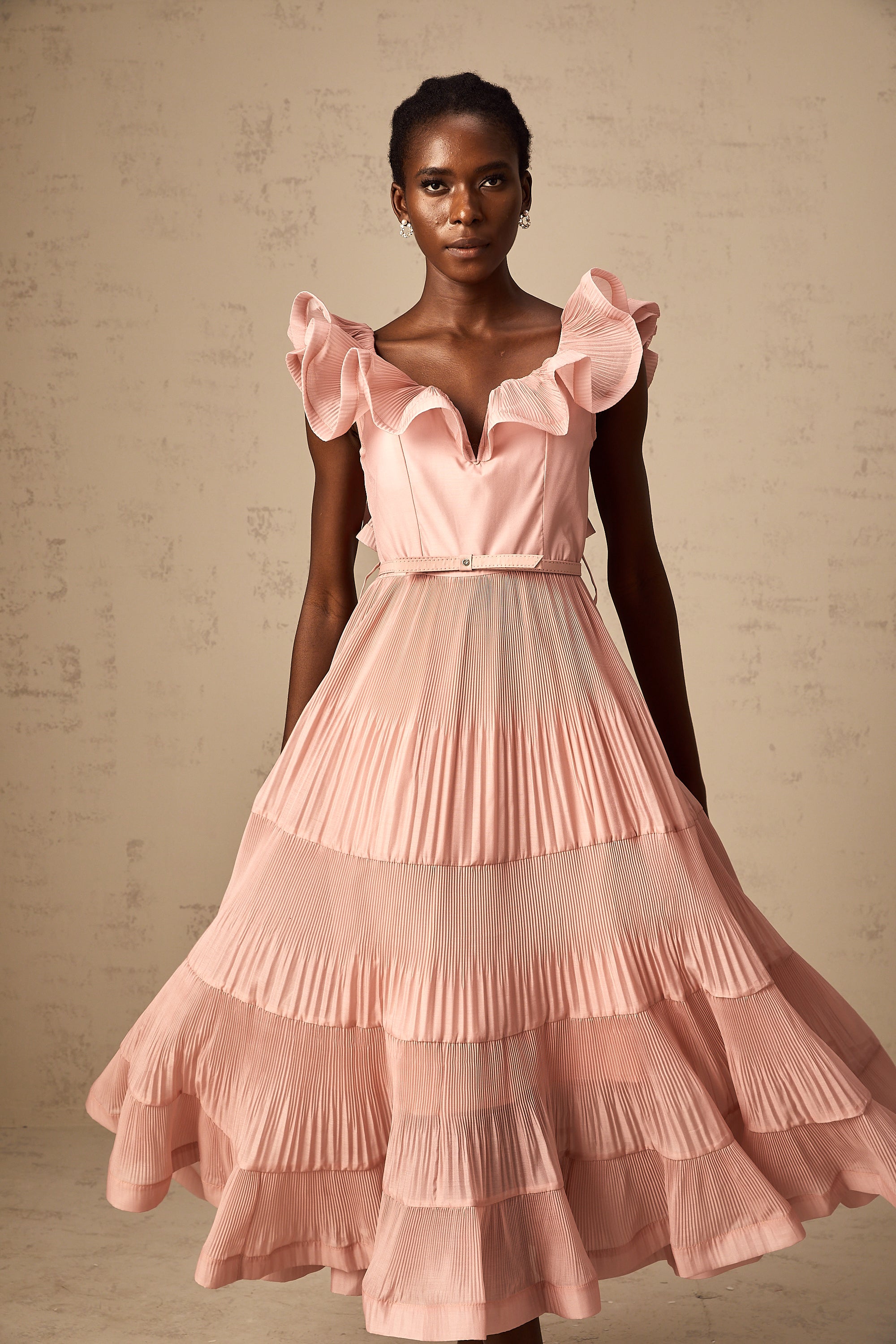 Valentina coral-pink pleated frilled midi dress