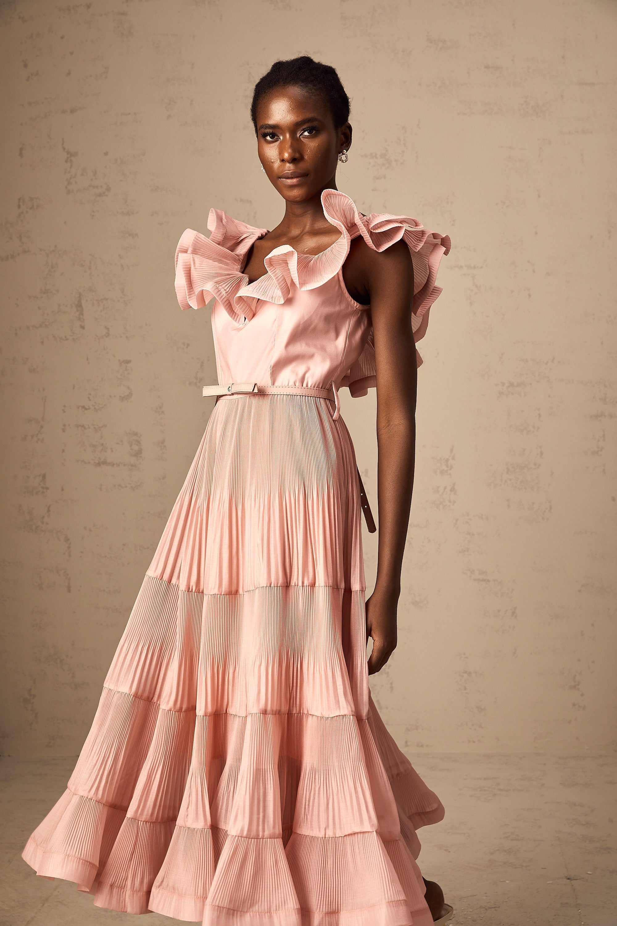 Valentina coral-pink pleated frilled midi dress