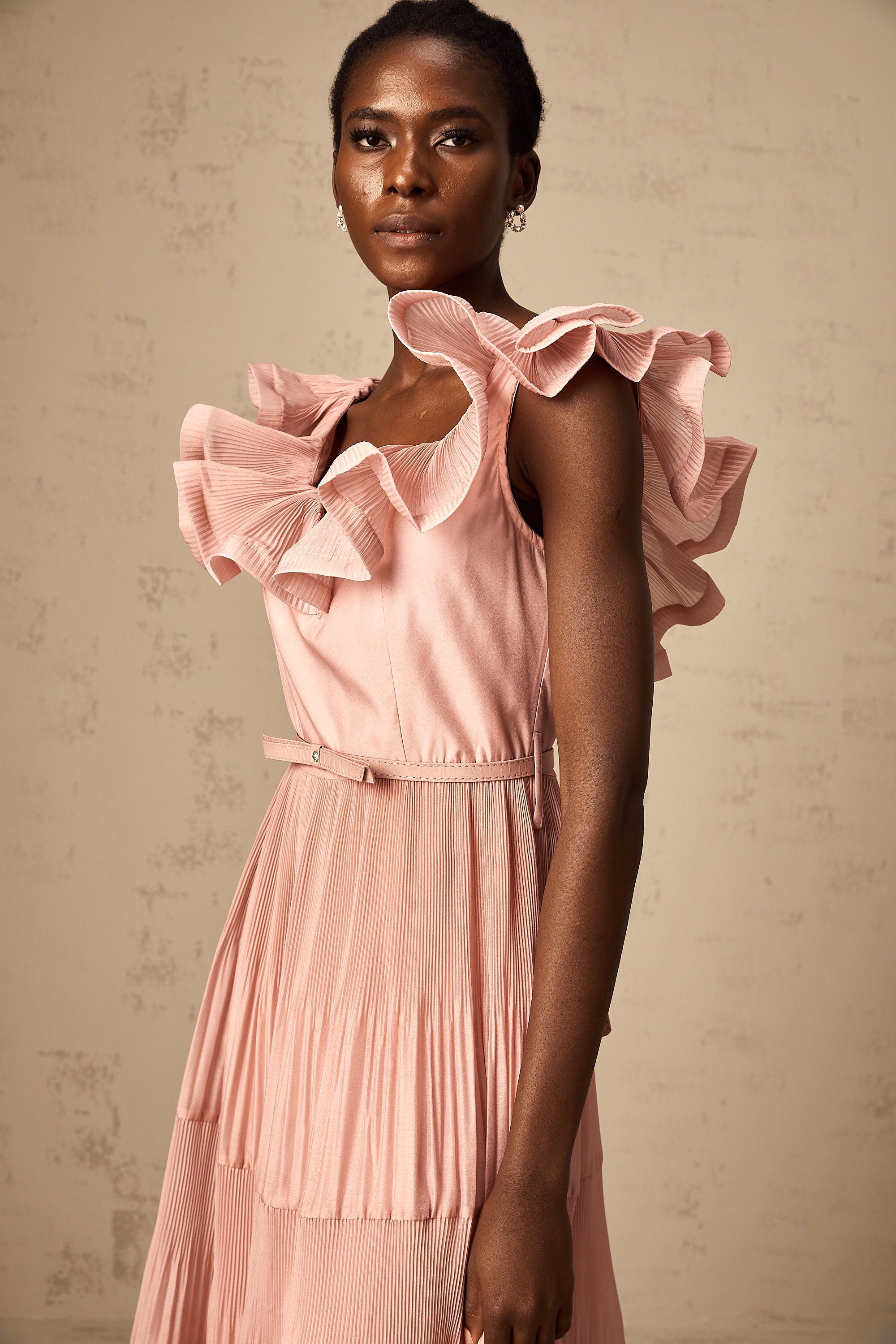 Valentina coral-pink pleated frilled midi dress