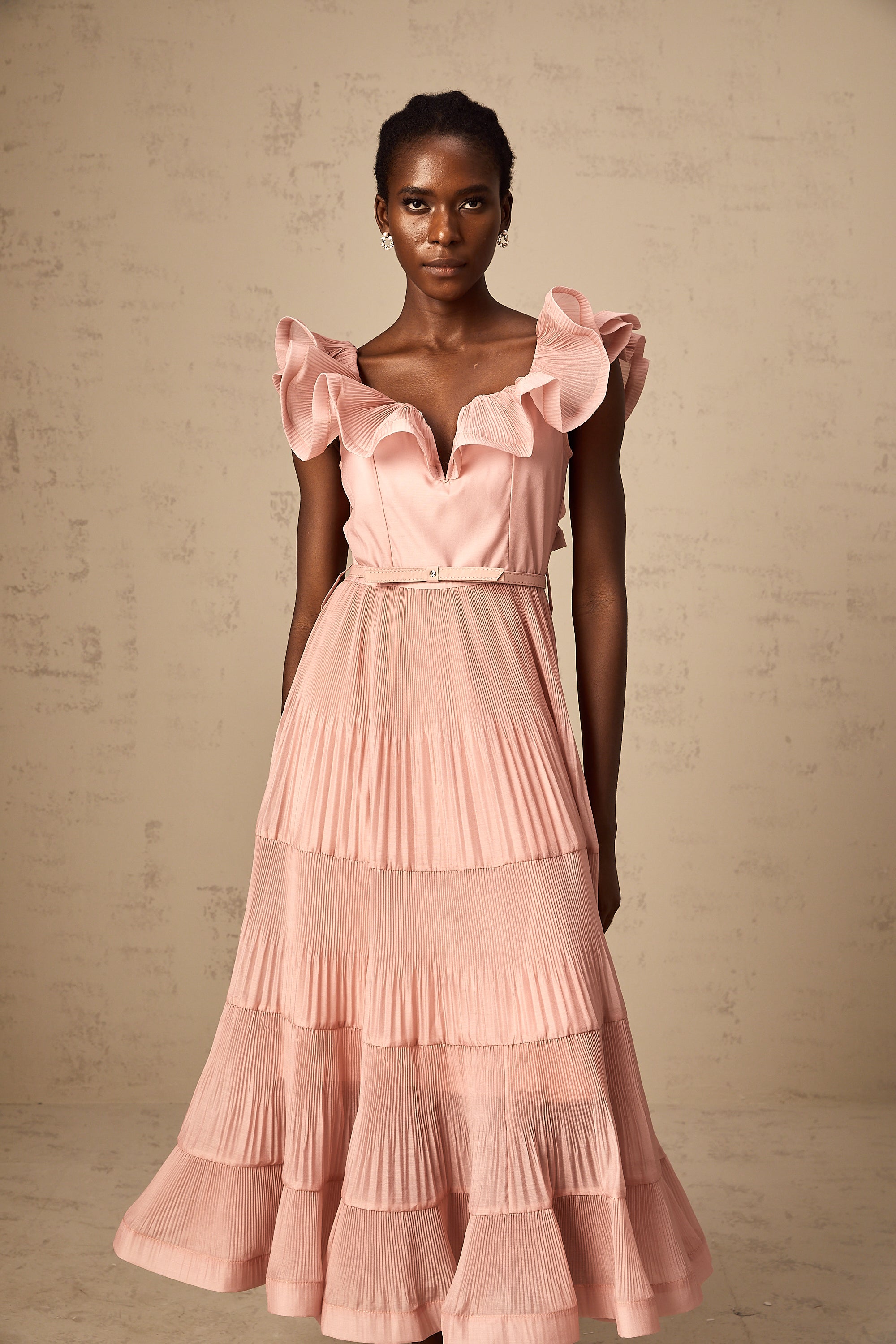 Valentina coral-pink pleated frilled midi dress