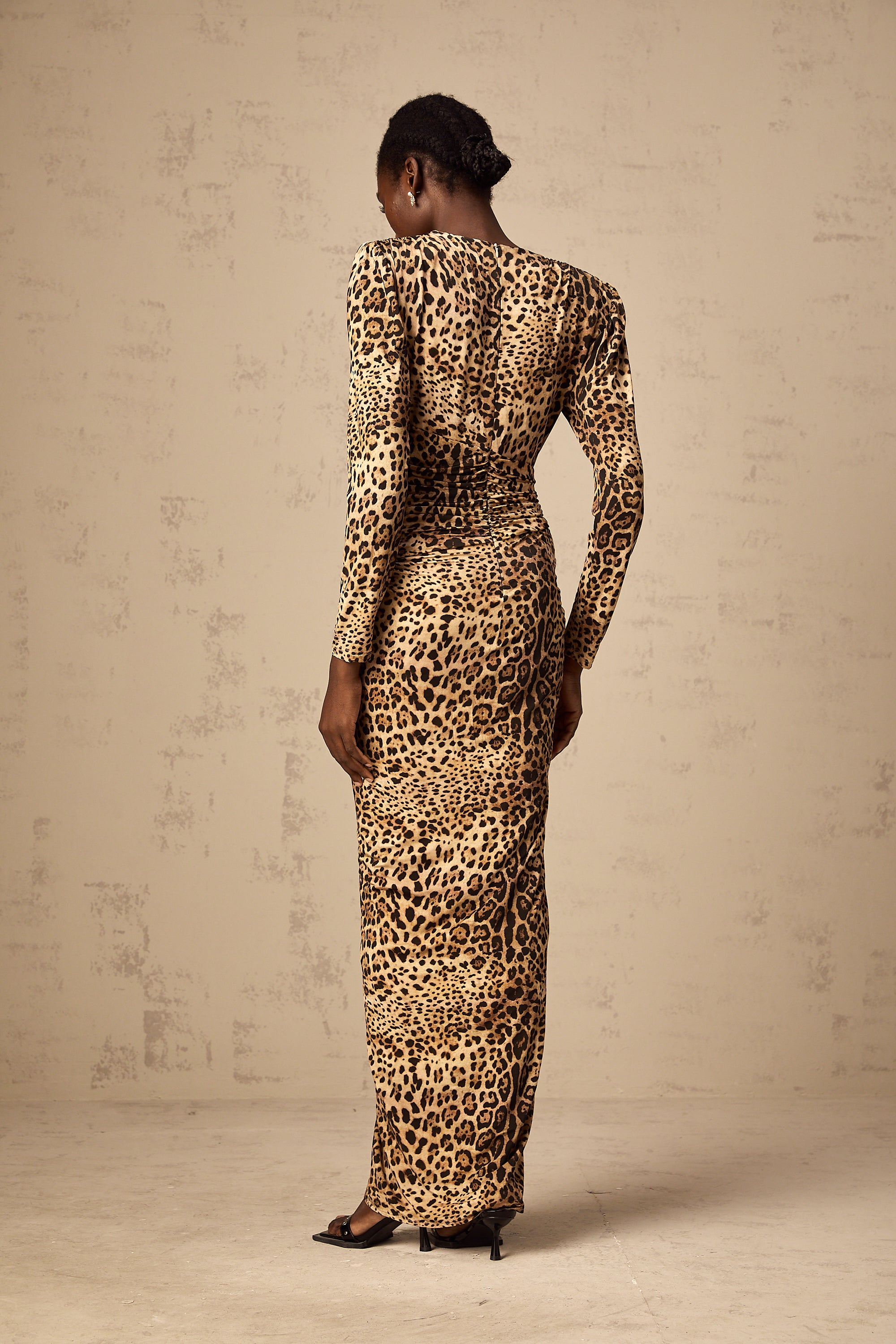 Gerda brown leopard-print ruched maxi dress