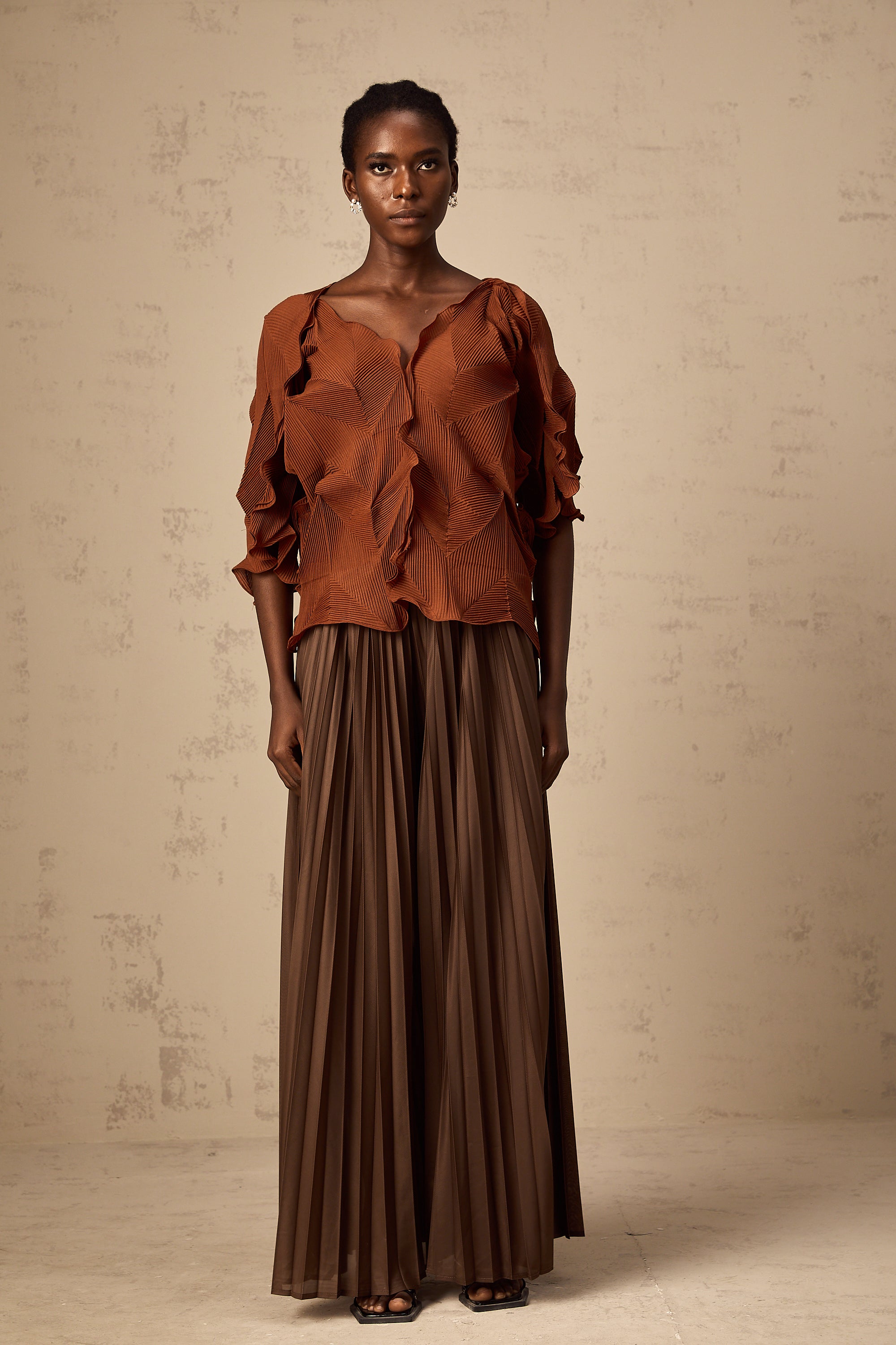 Demi brown creased top & skirt matching set