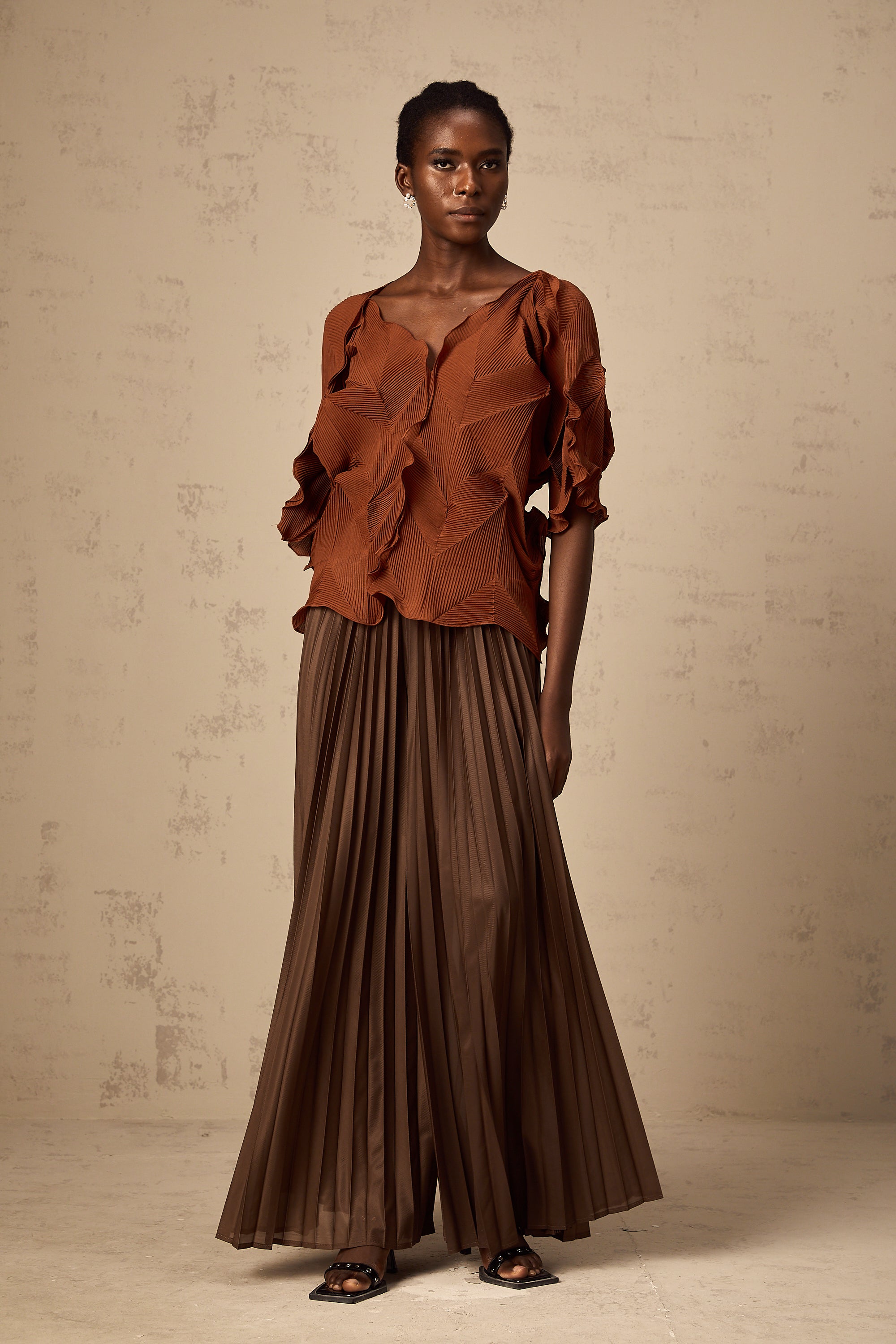 Demi brown creased top & skirt matching set