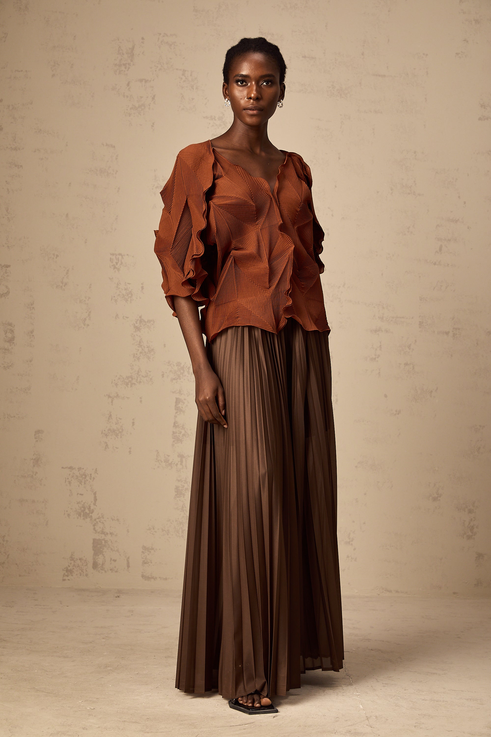 Demi brown creased top & skirt matching set