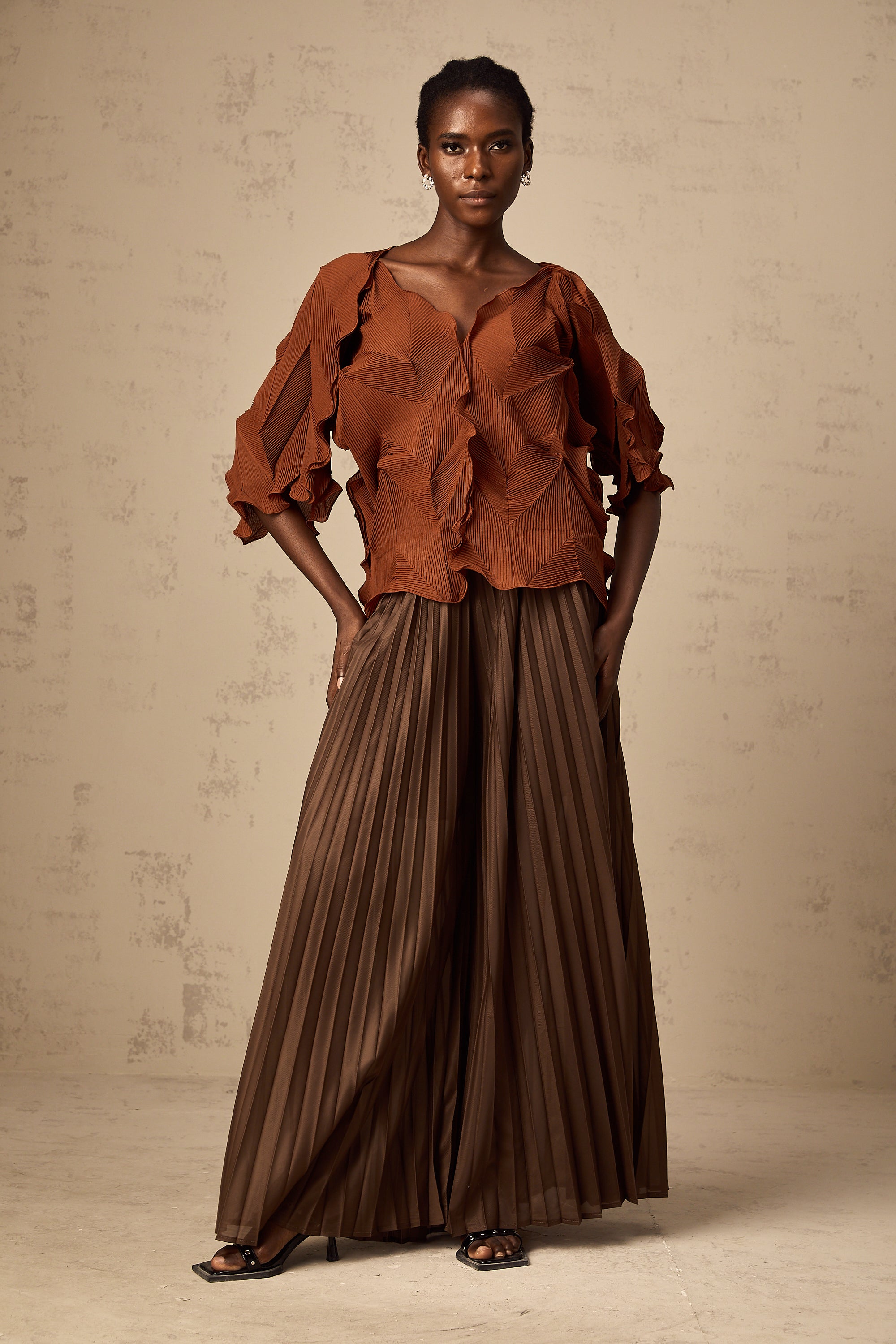 Demi brown creased top & skirt matching set