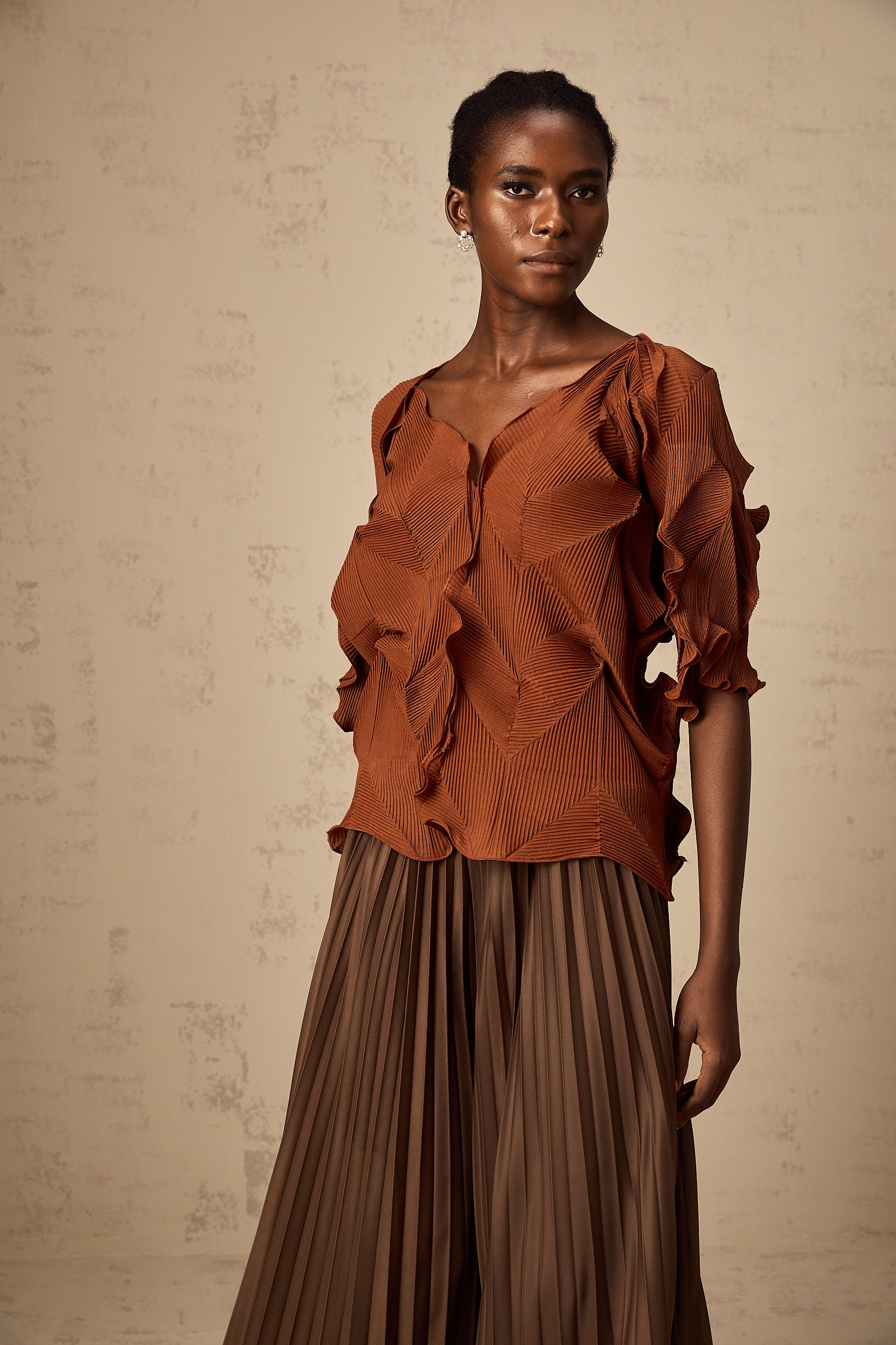 Demi brown creased top & skirt matching set