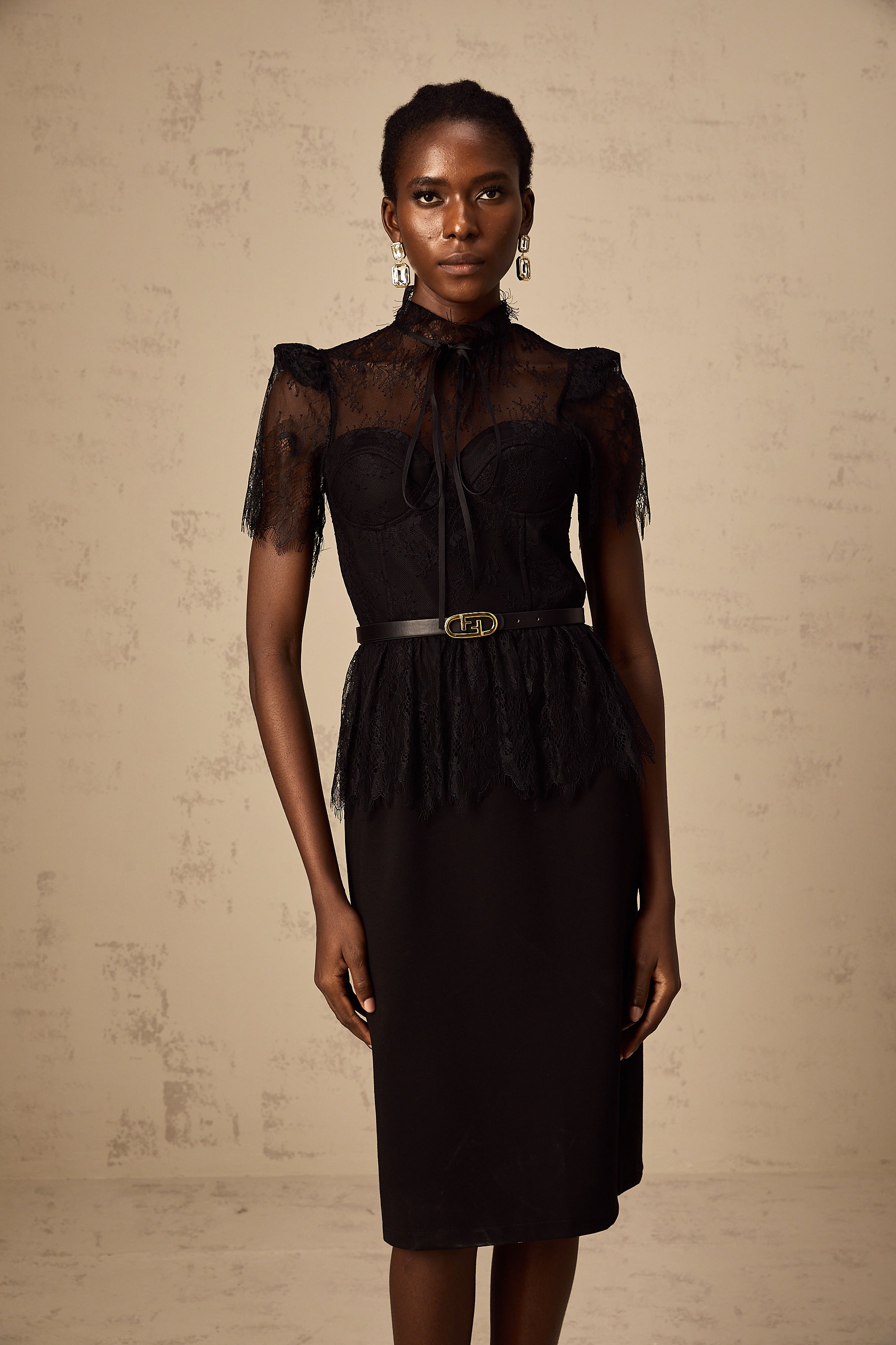 Thérèse black guipure-lace panelled midi dress