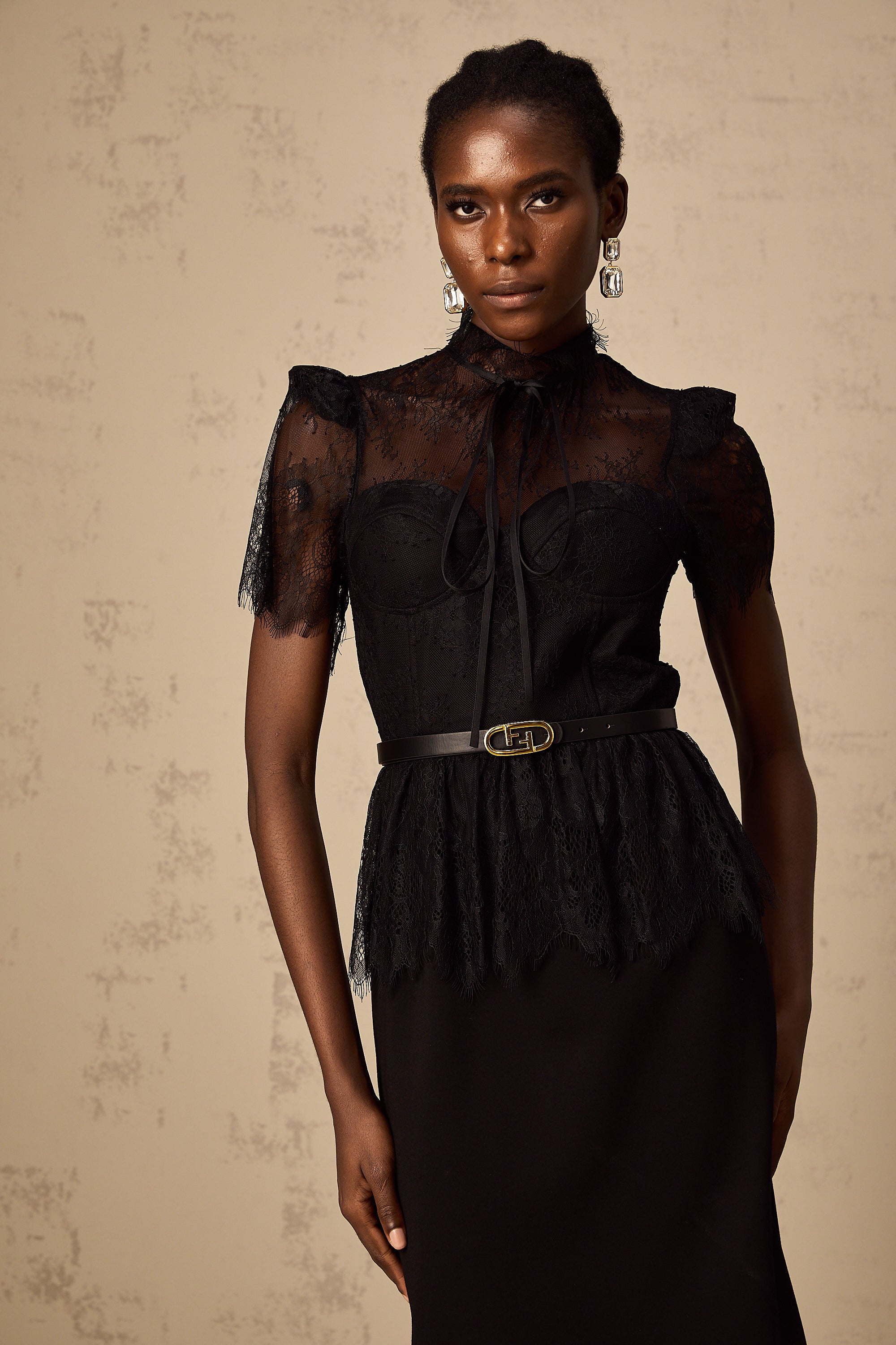 Thérèse black guipure-lace panelled midi dress