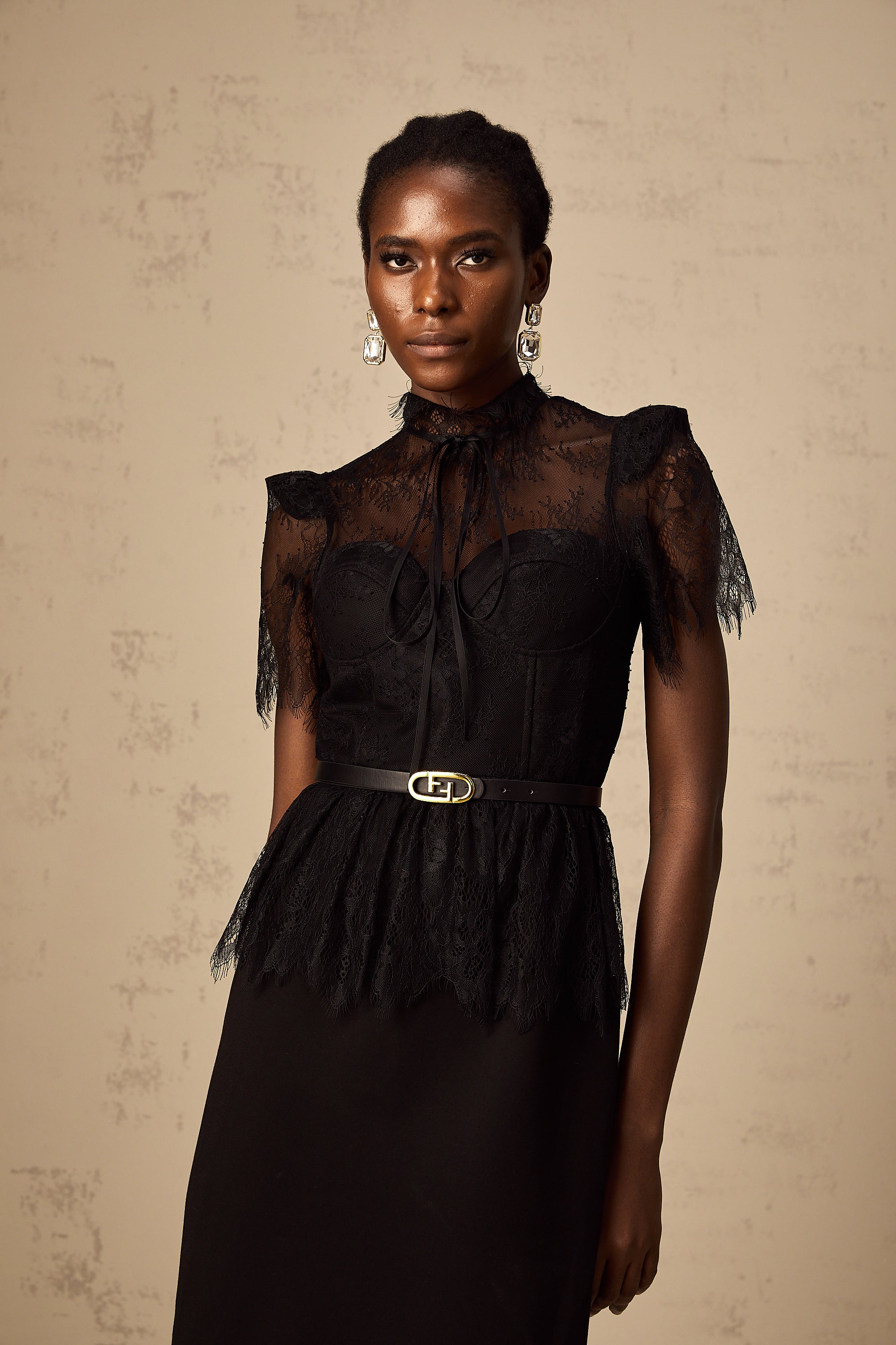 Thérèse black guipure-lace panelled midi dress