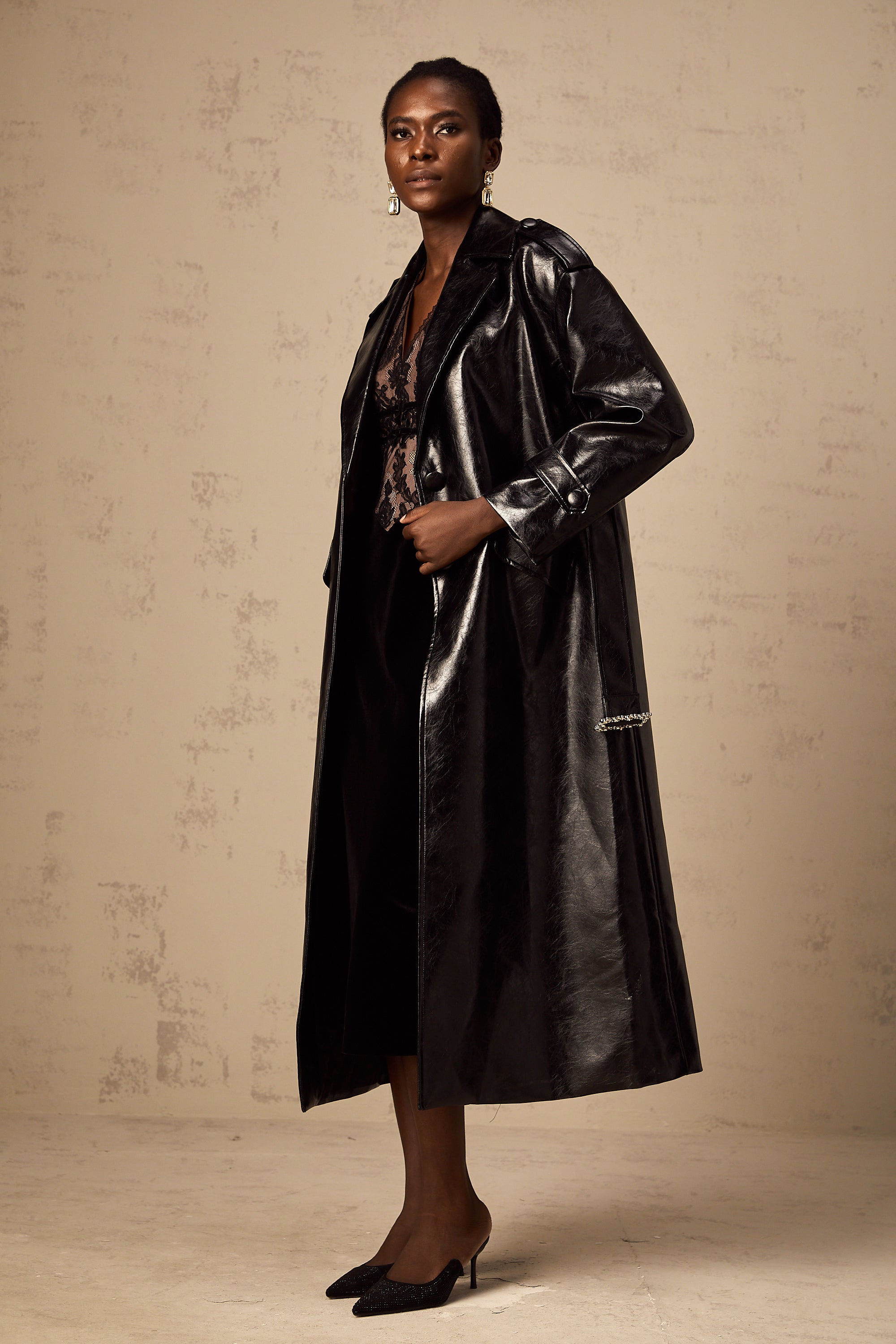 Elsa black belted leather overcoat