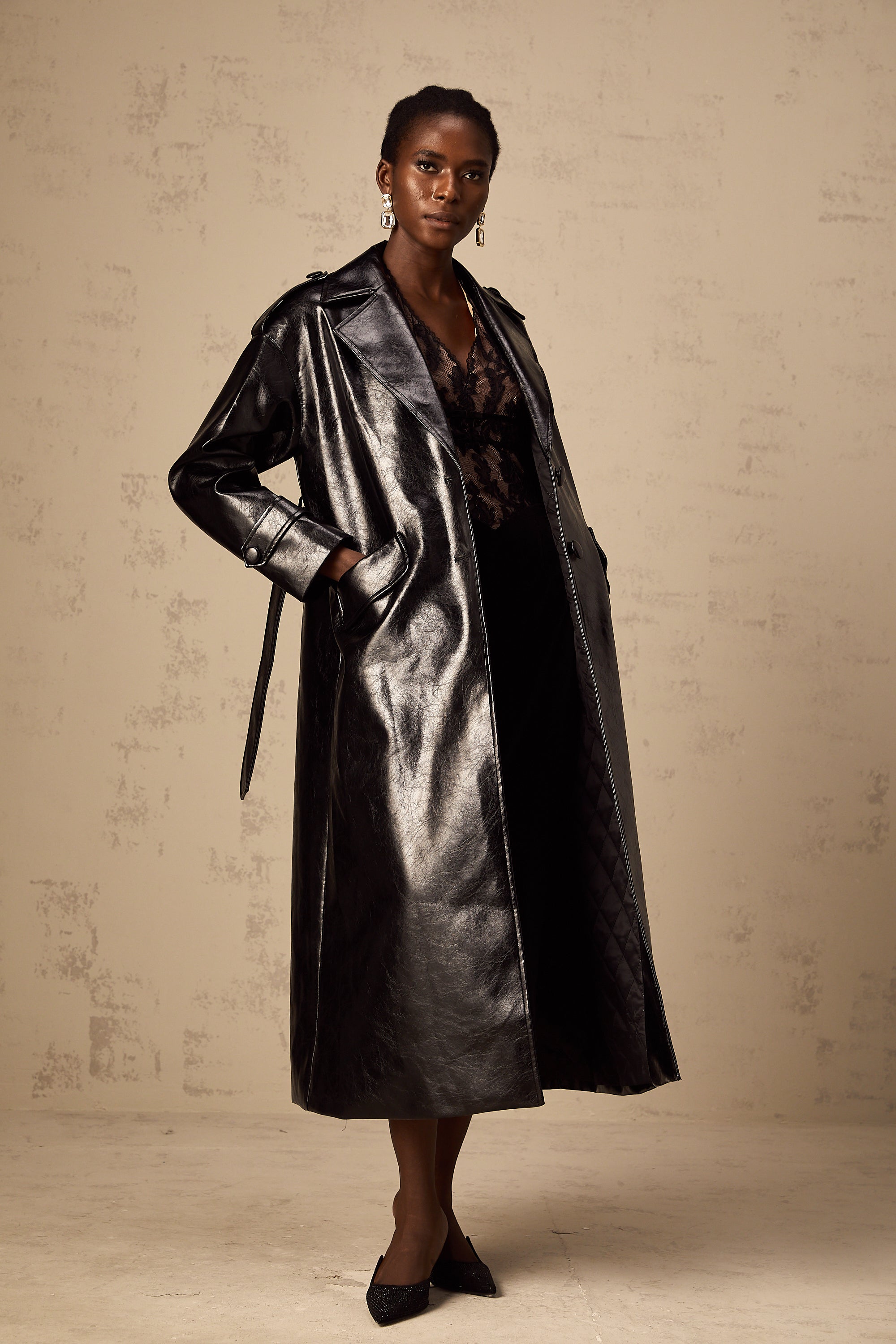 Elsa black belted leather overcoat