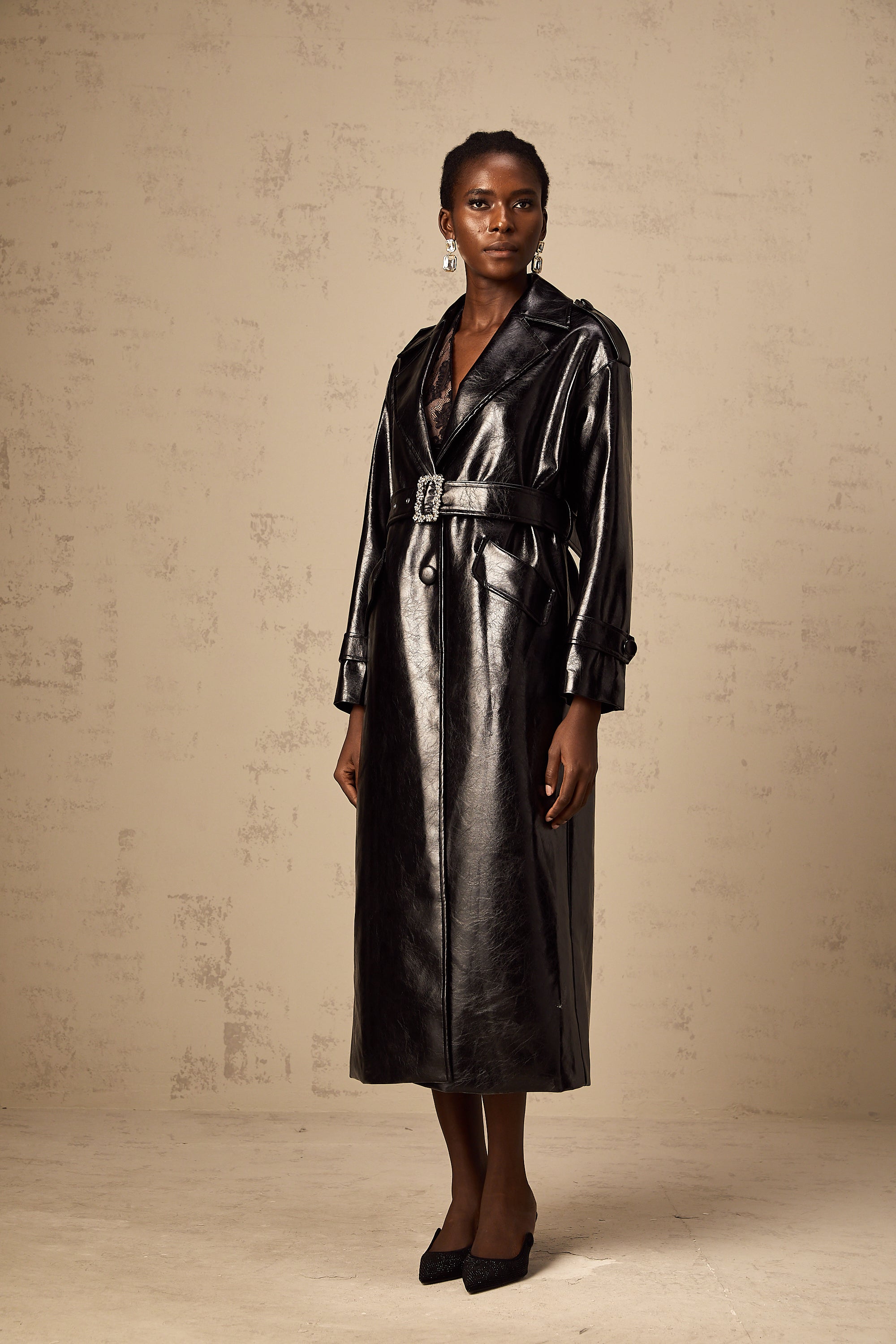 Elsa black belted leather overcoat