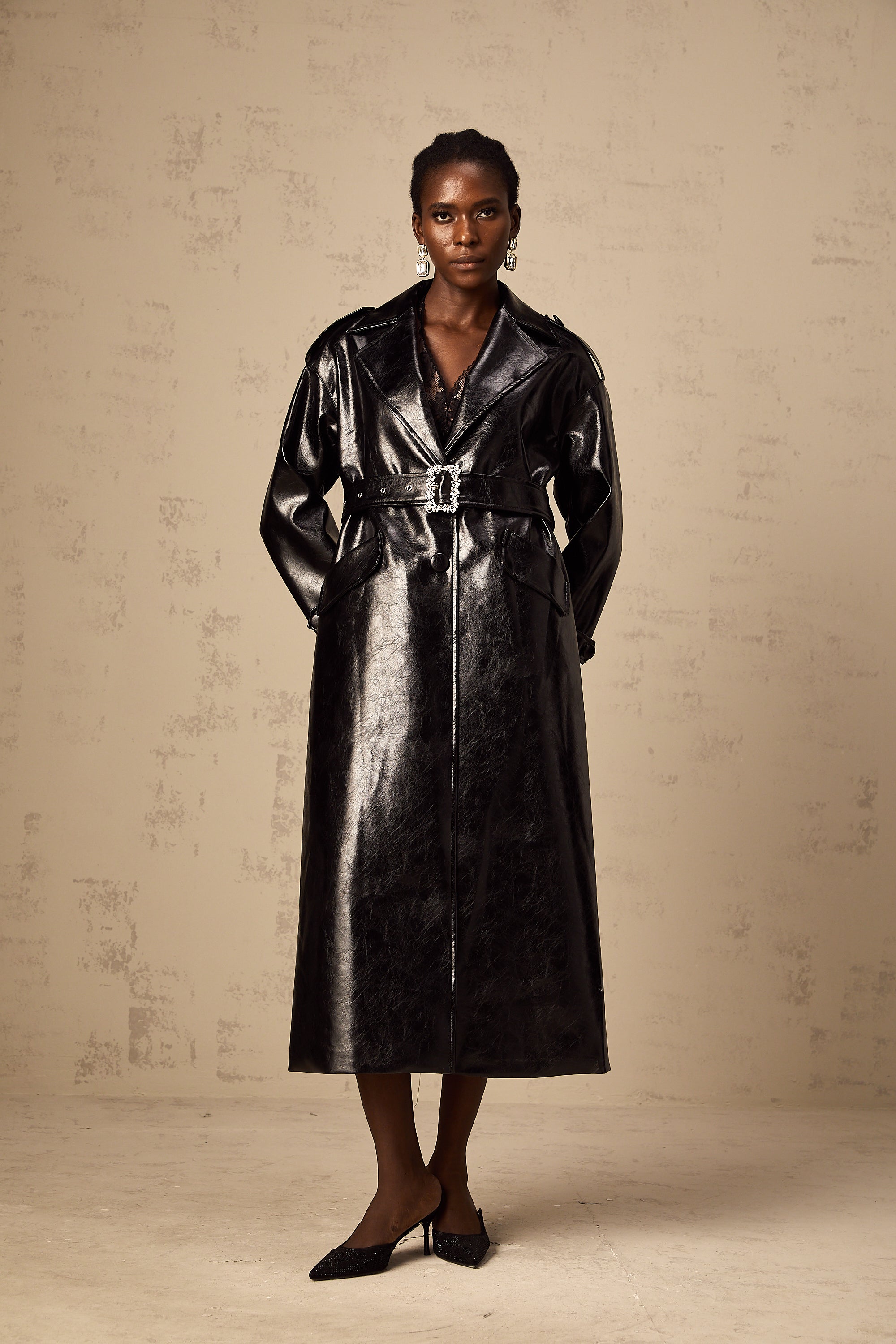 Elsa black belted leather overcoat