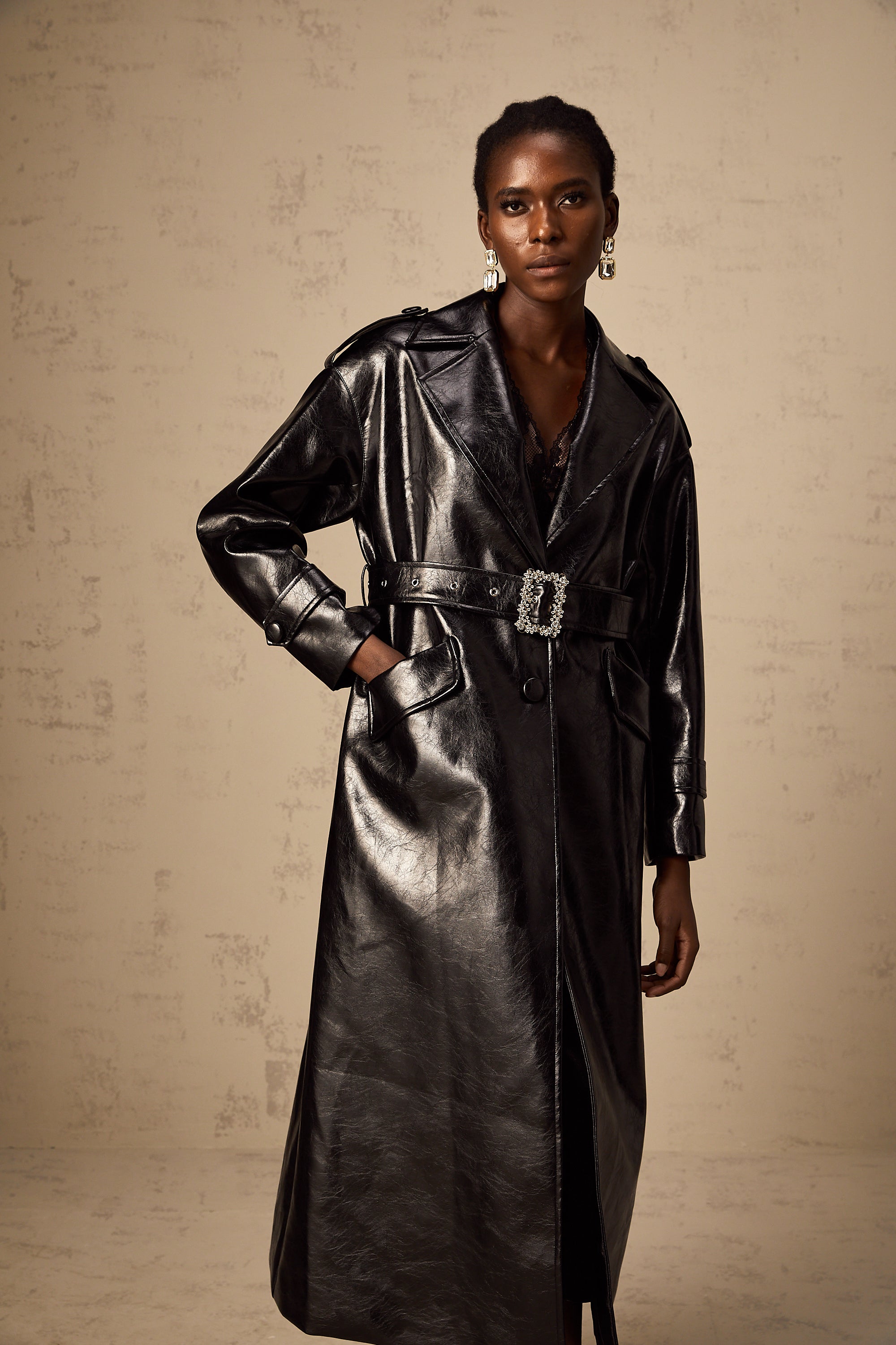 Elsa black belted leather overcoat