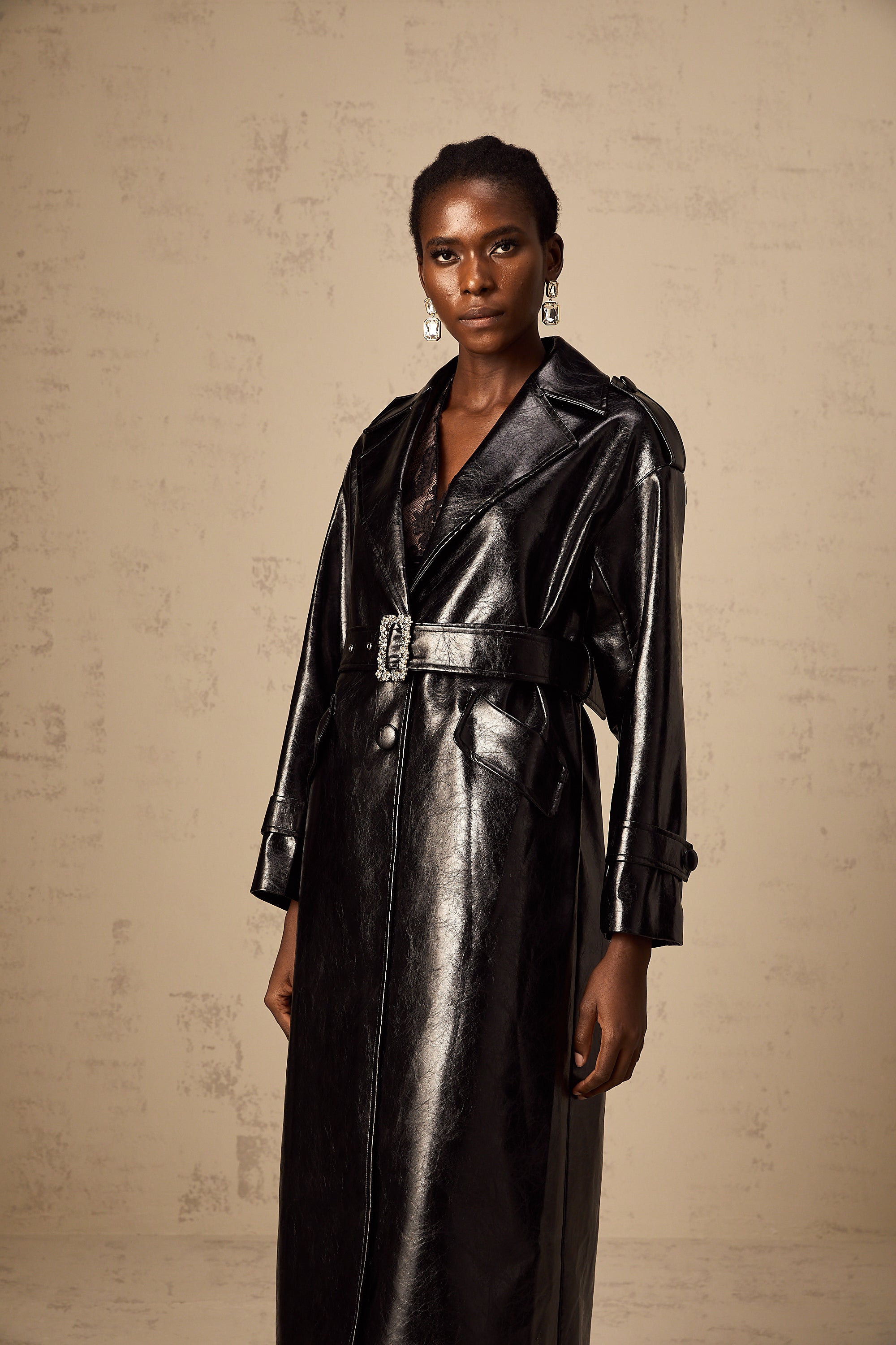 Elsa black belted leather overcoat