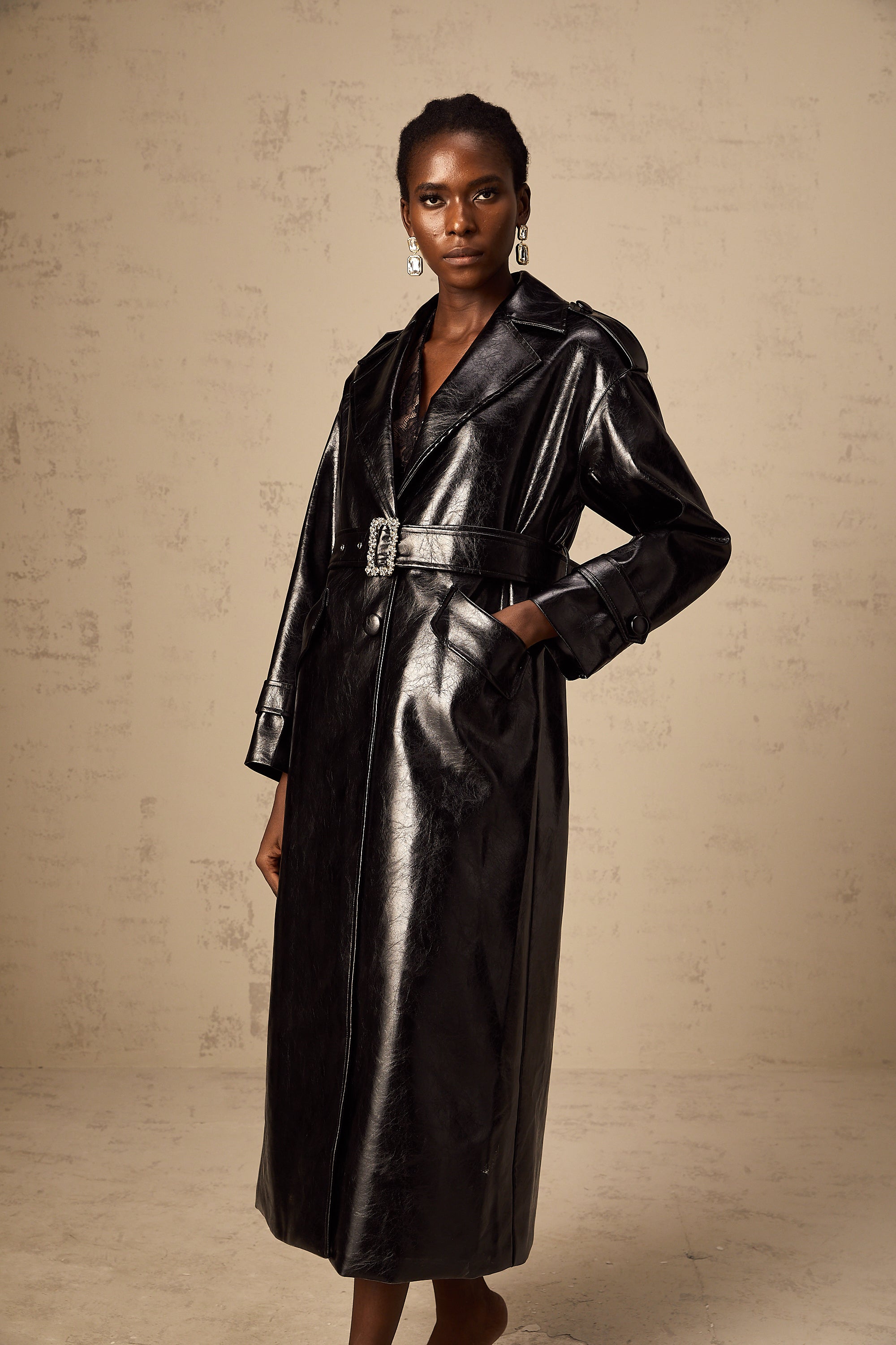 Elsa black belted leather overcoat