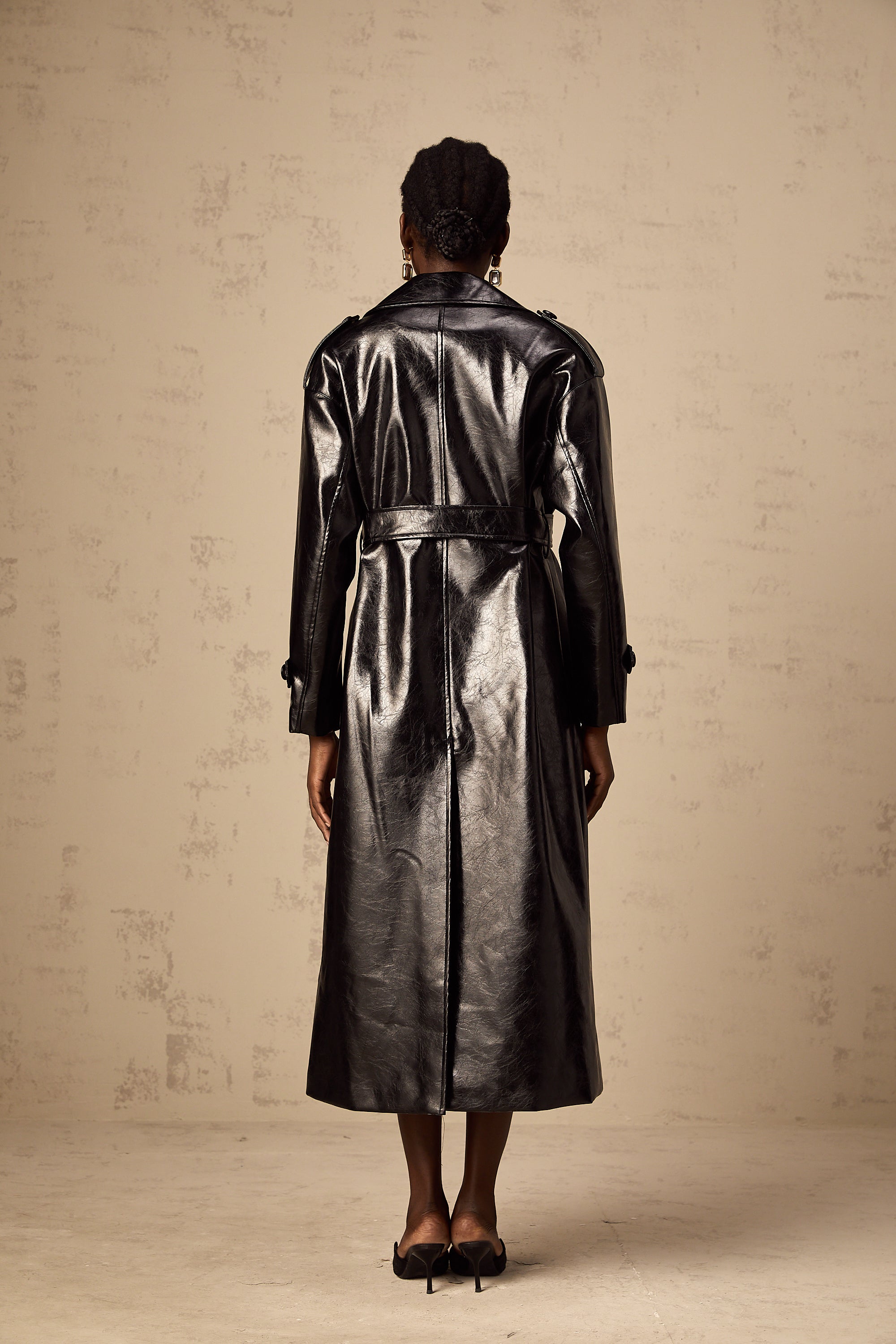 Elsa black belted leather overcoat