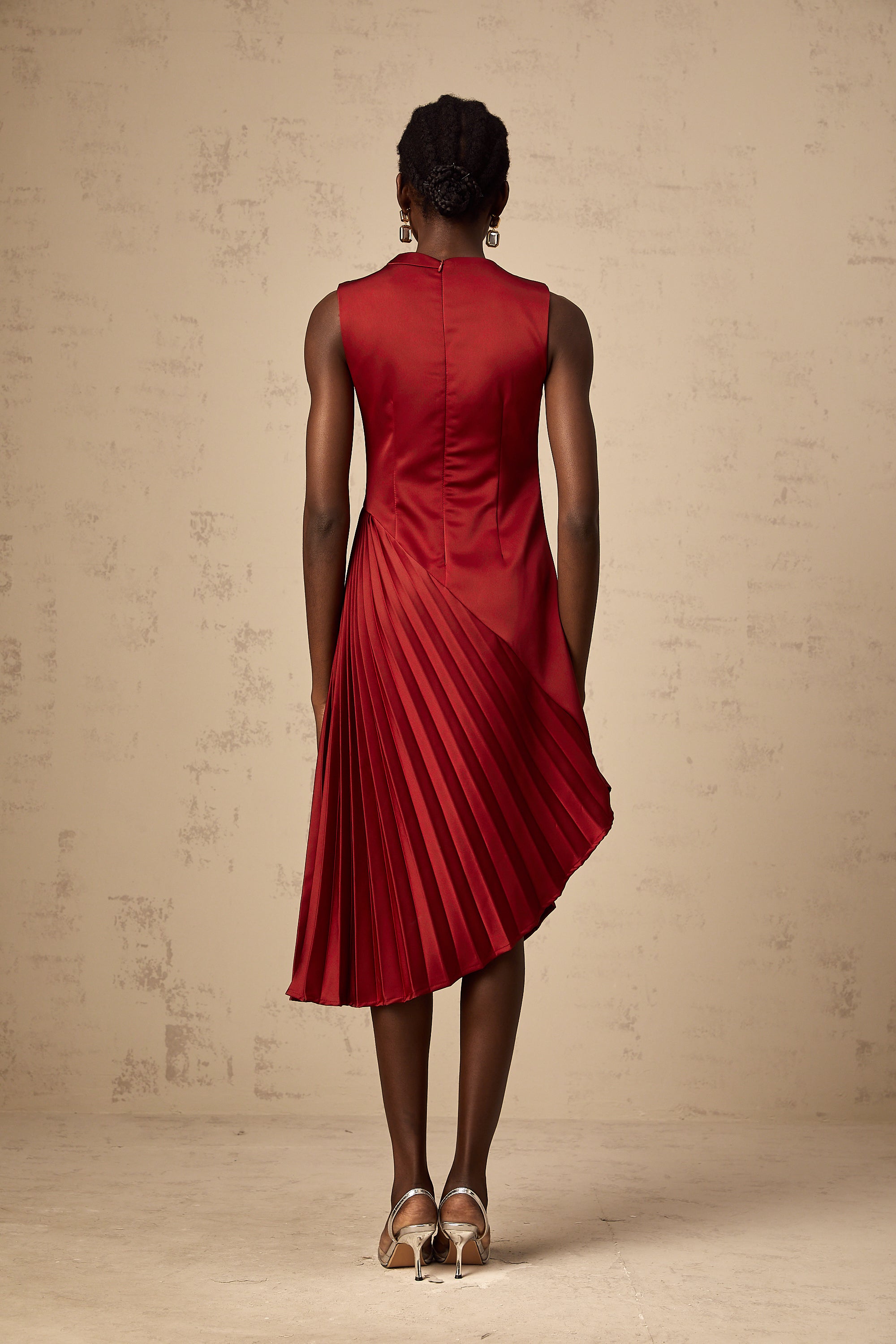 Merle wine red asymmetric pleated midi dress