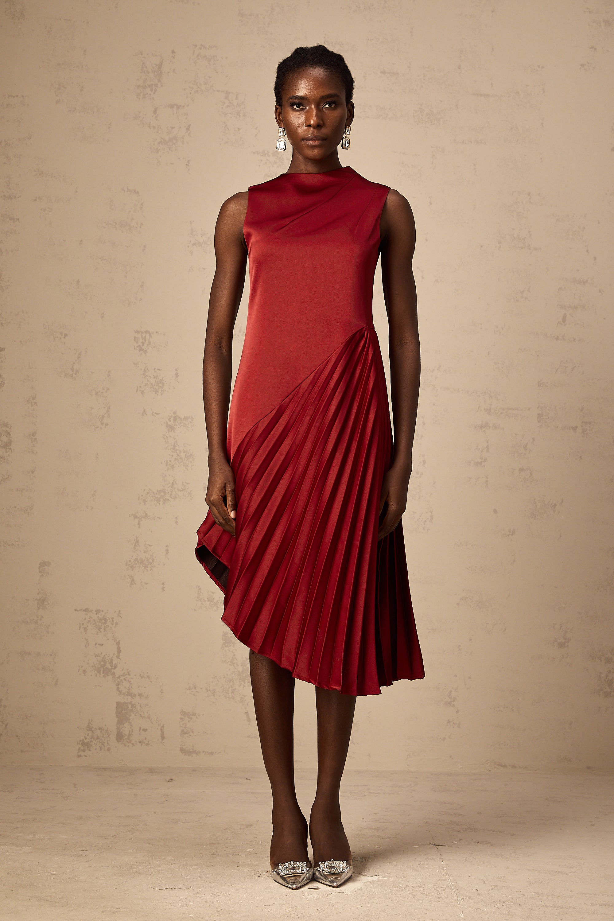 Merle wine red asymmetric pleated midi dress