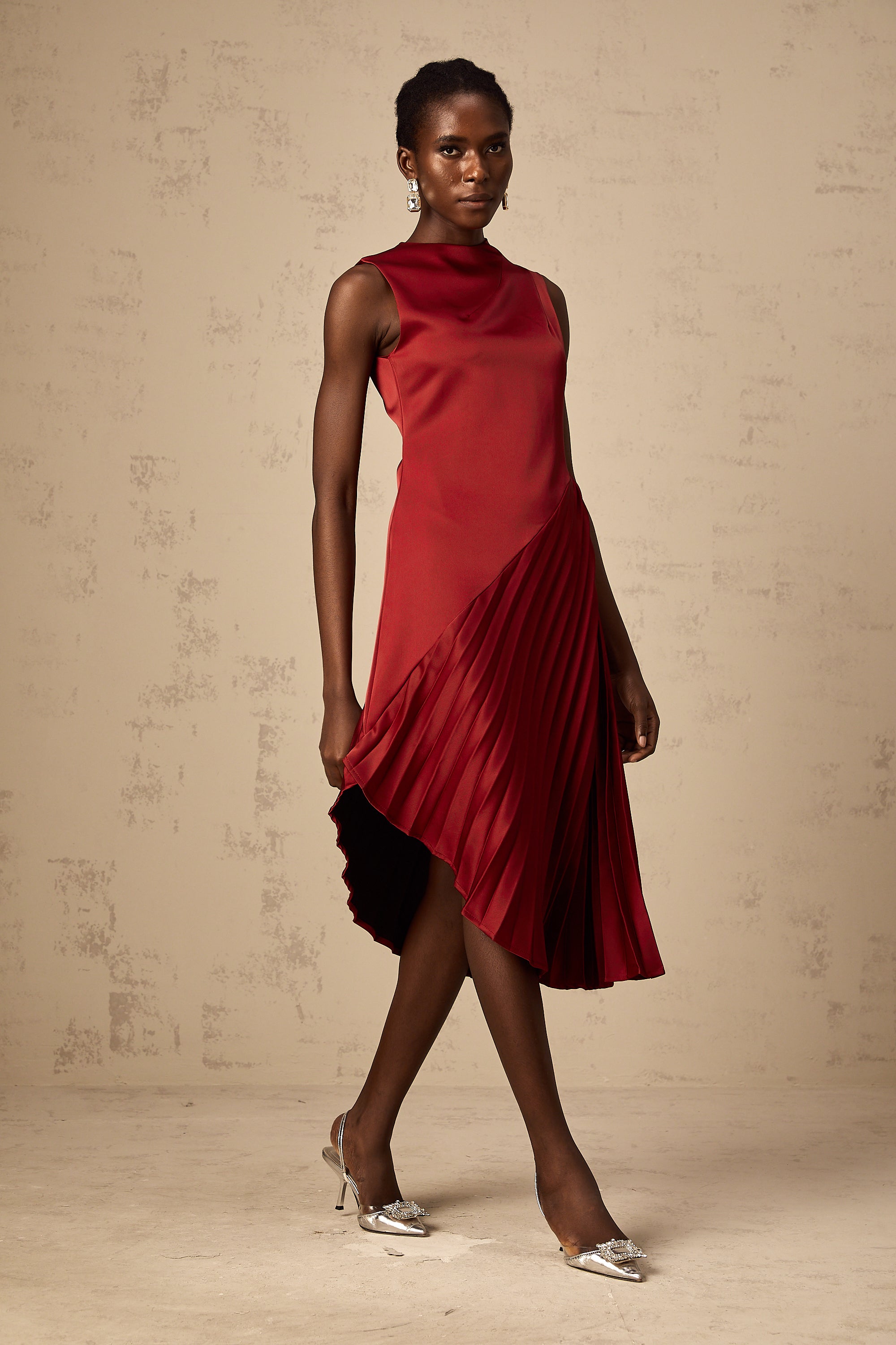 Merle wine red asymmetric pleated midi dress