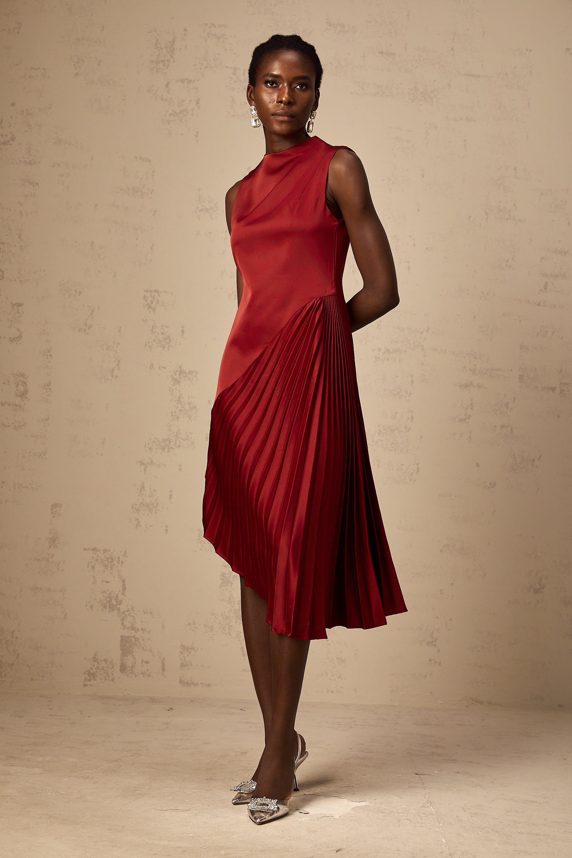 Merle wine red asymmetric pleated midi dress