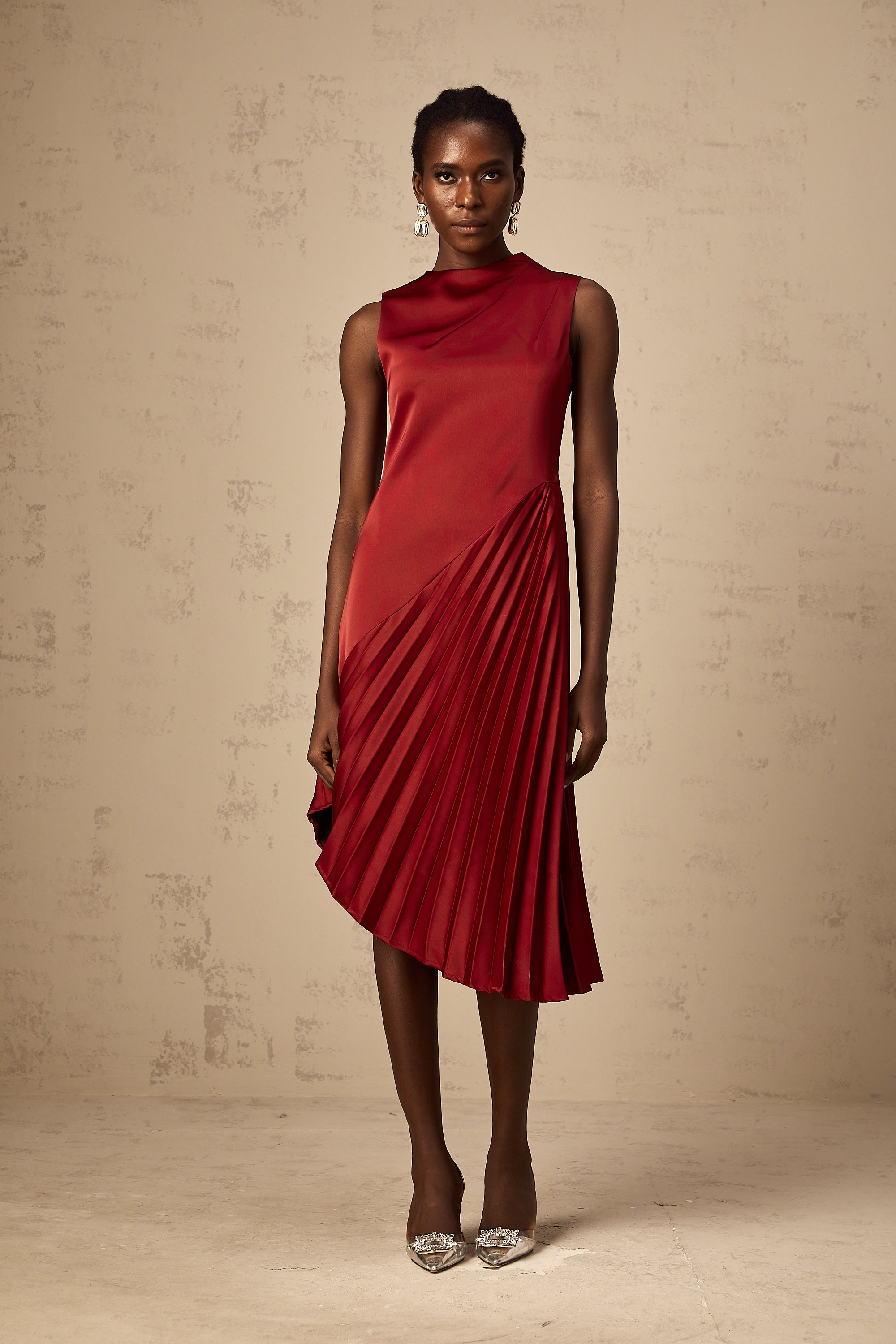 Merle wine red asymmetric pleated midi dress