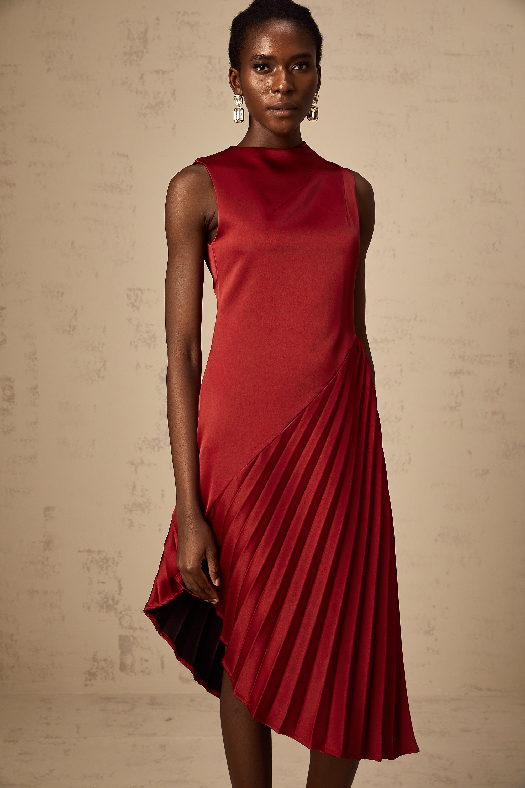 Merle wine red asymmetric pleated midi dress