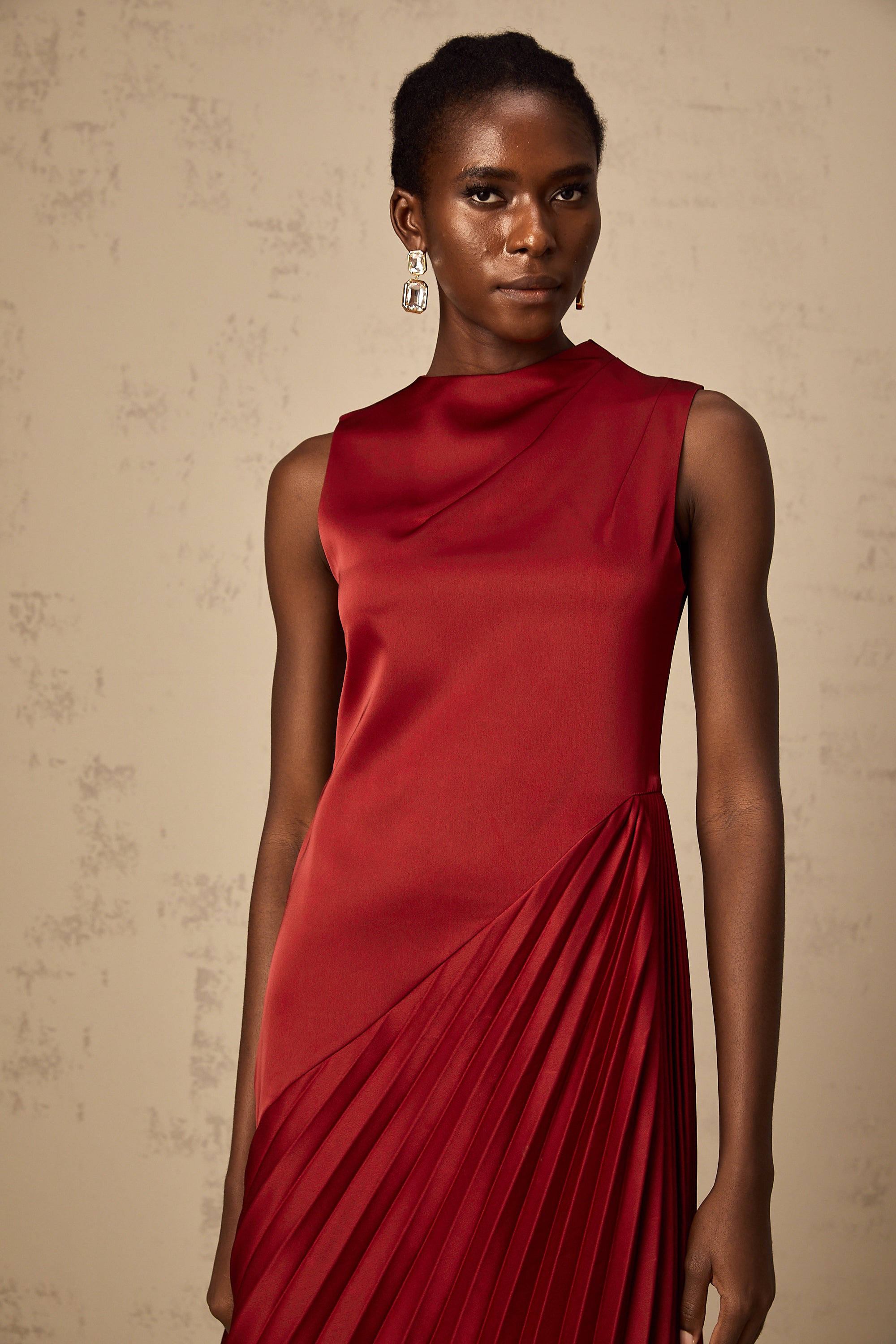 Merle wine red asymmetric pleated midi dress