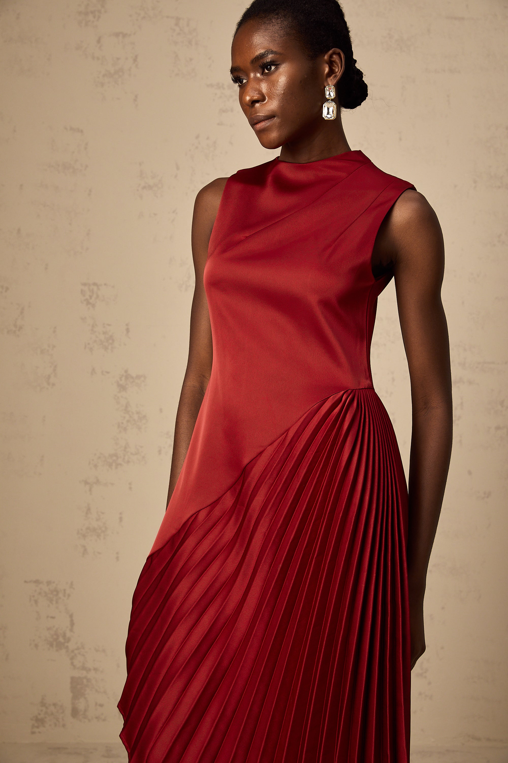 Merle wine red asymmetric pleated midi dress