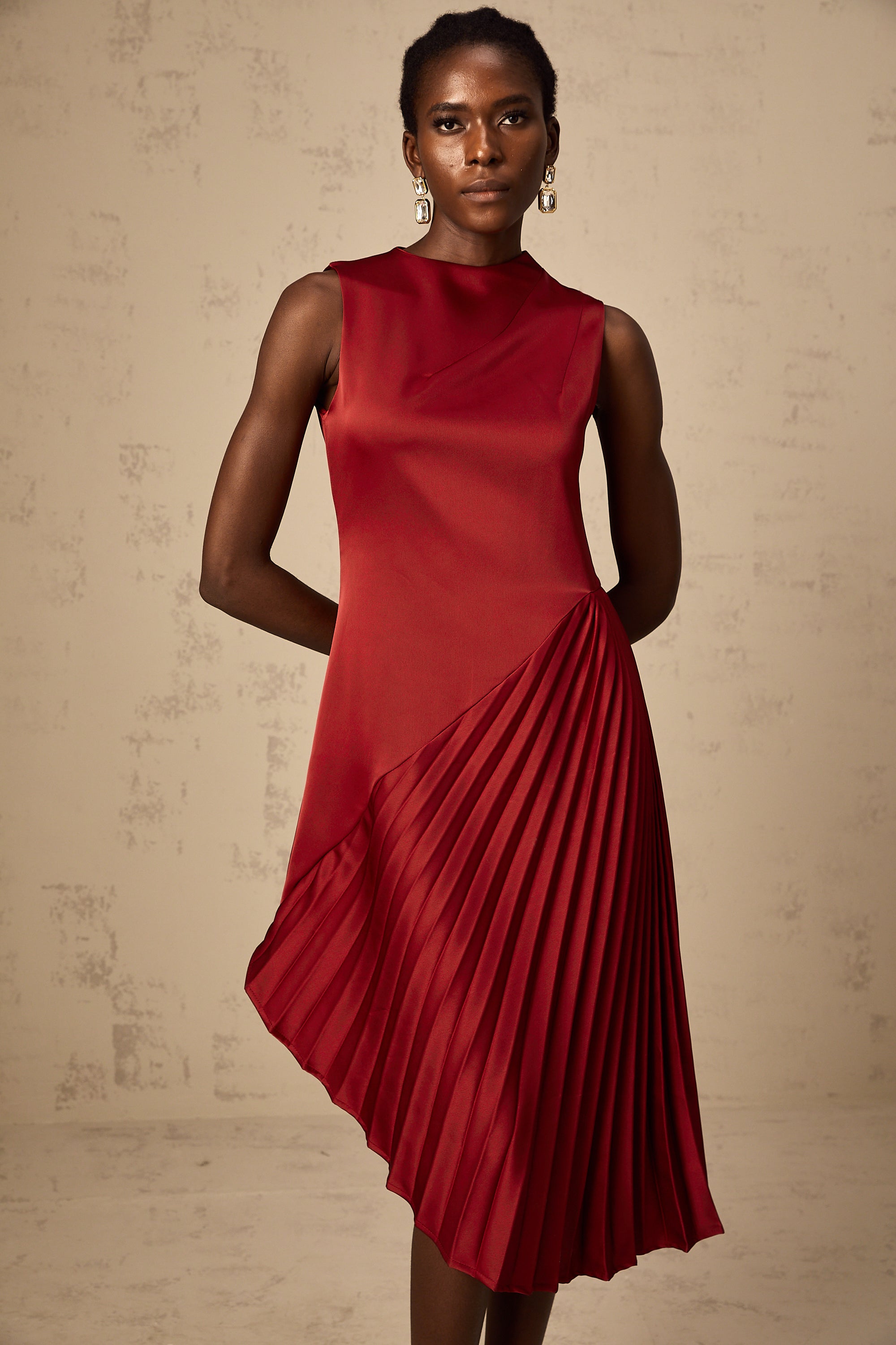 Merle wine red asymmetric pleated midi dress