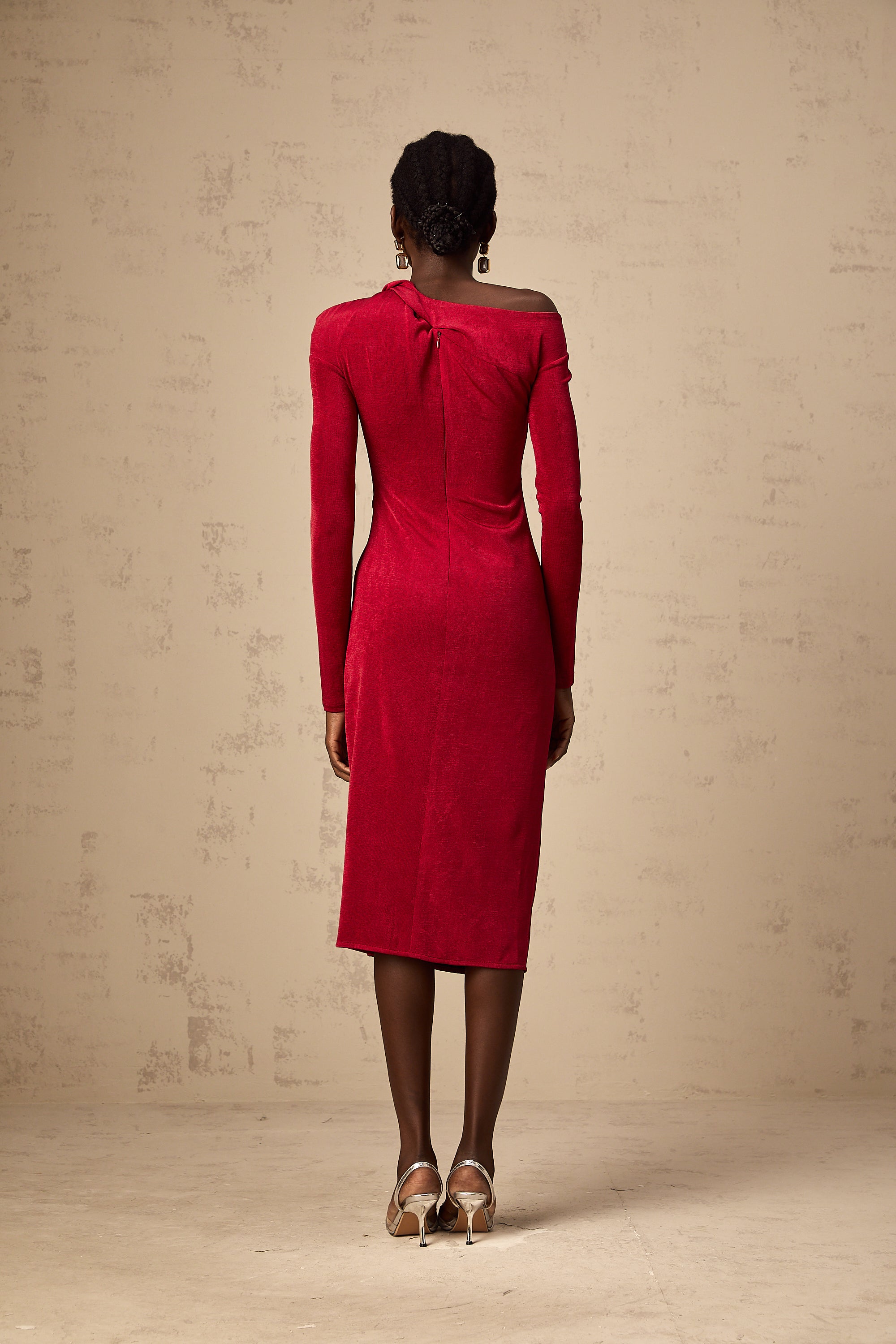 Monica red high-slit gathered midi dress