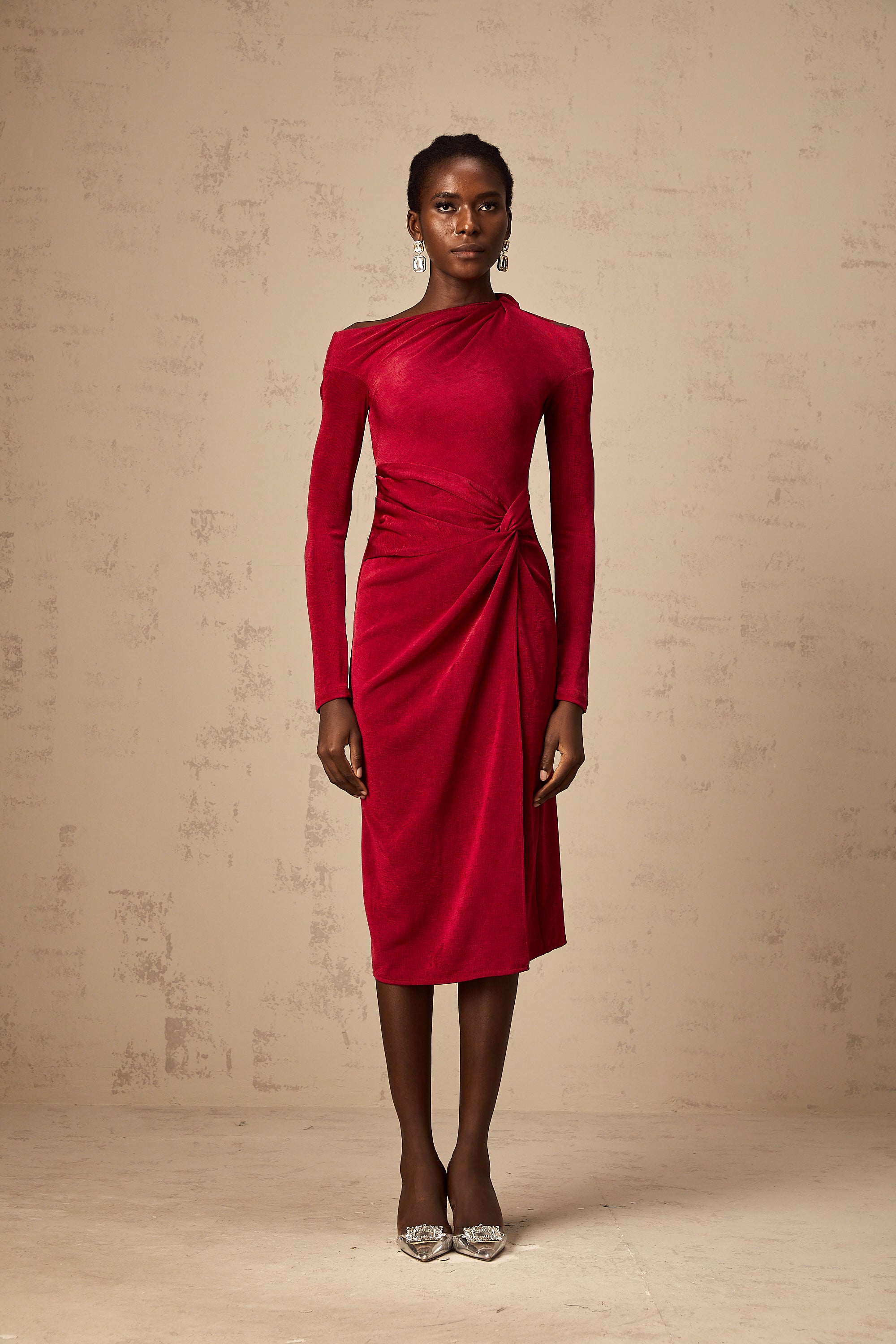 Monica red high-slit gathered midi dress