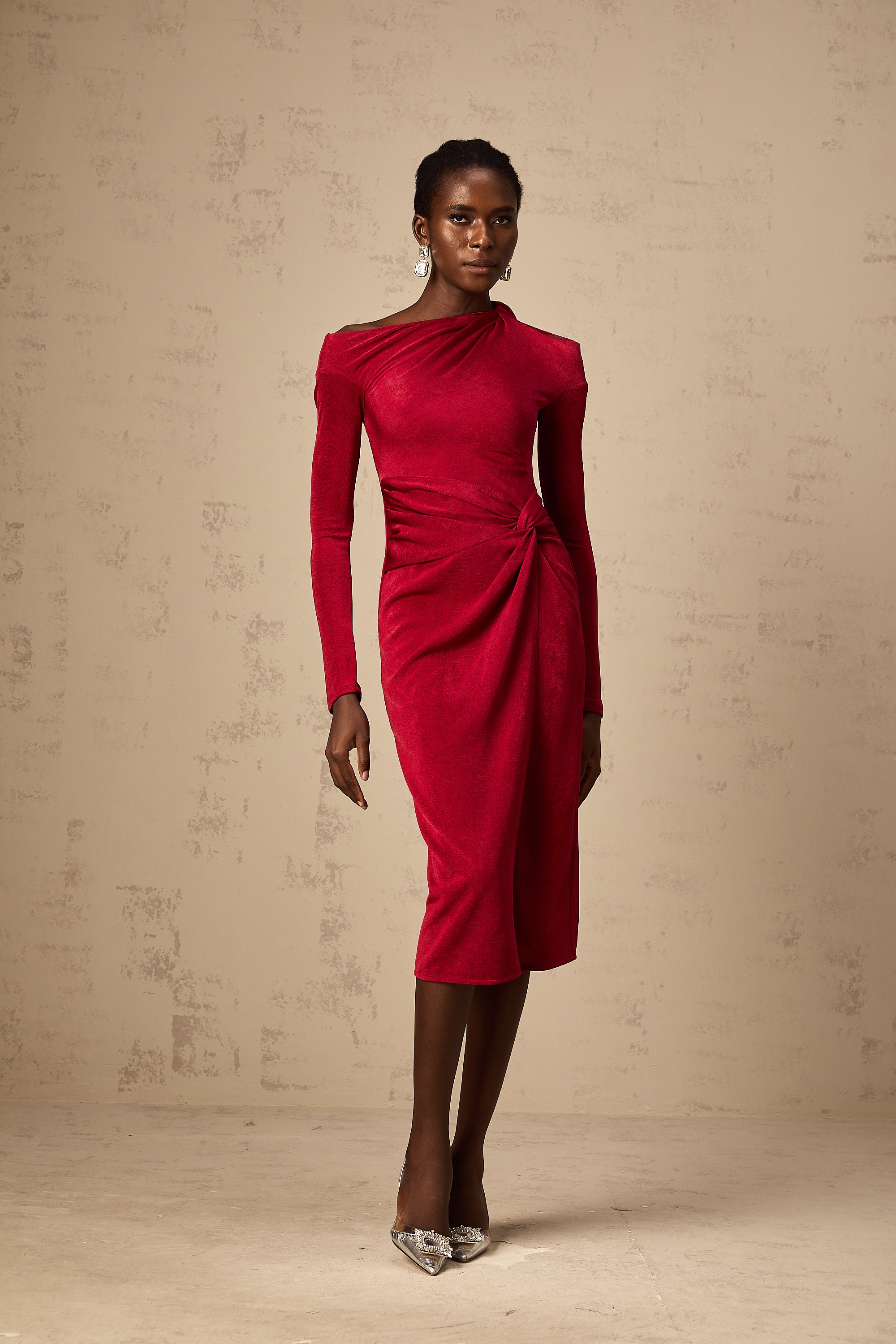 Monica red high-slit gathered midi dress