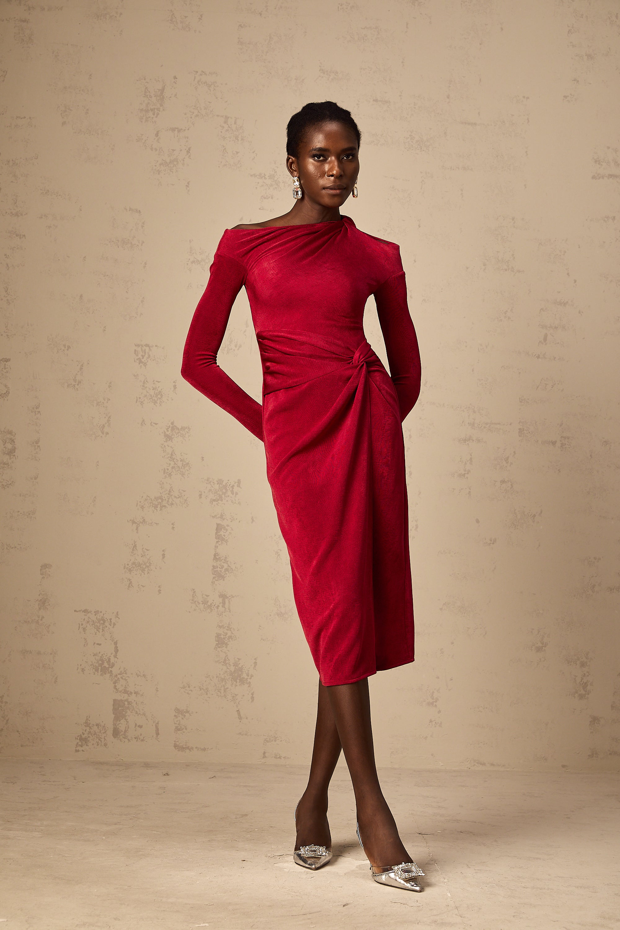 Monica red high-slit gathered midi dress